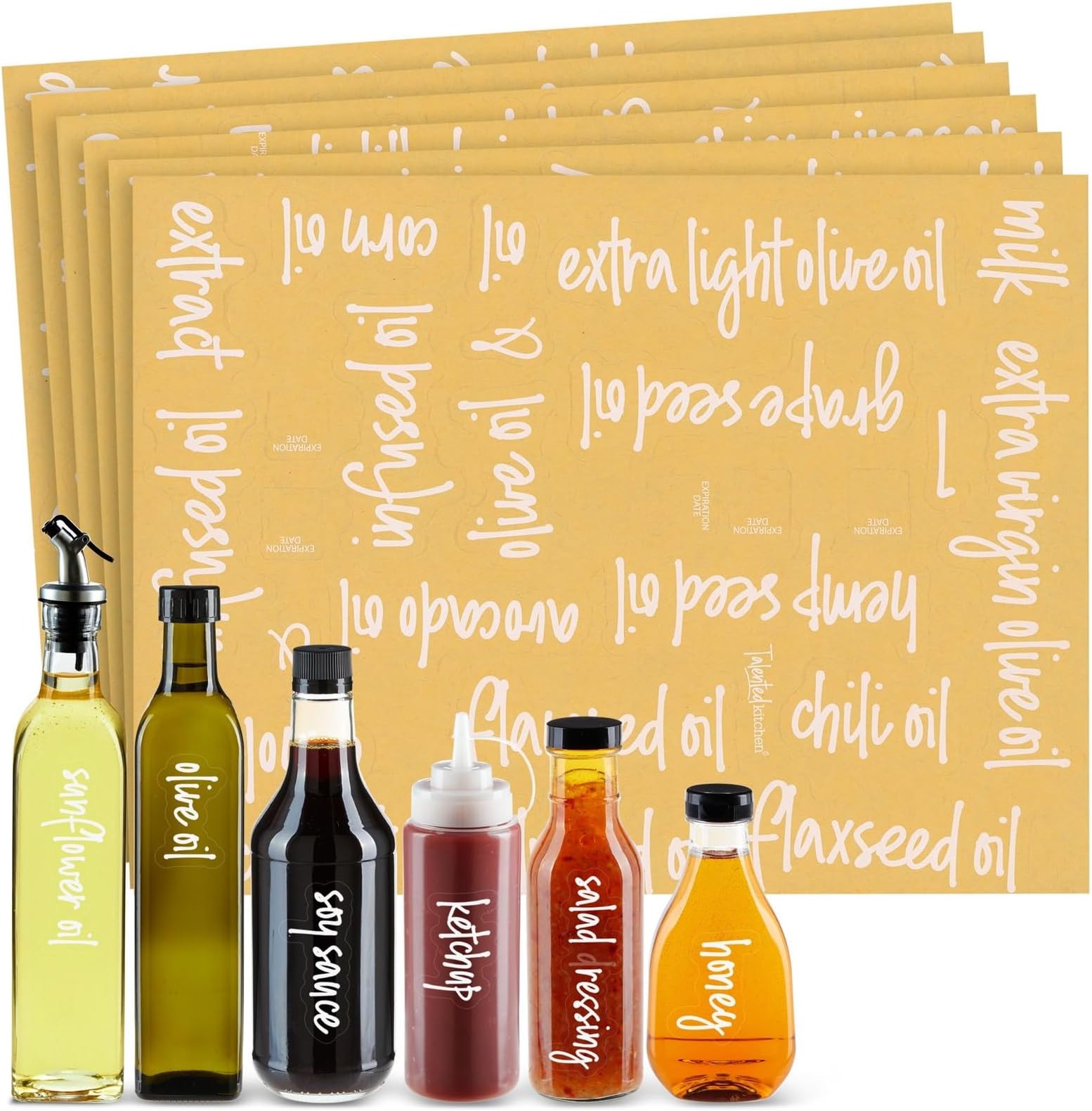 Talented Kitchen 132 White Script Oil and Vinegar Labels for Bottles, Clear Preprinted Condiments and Olive Oil Label Stickers for Squeeze Dispensers, Kitchen Pantry Organization