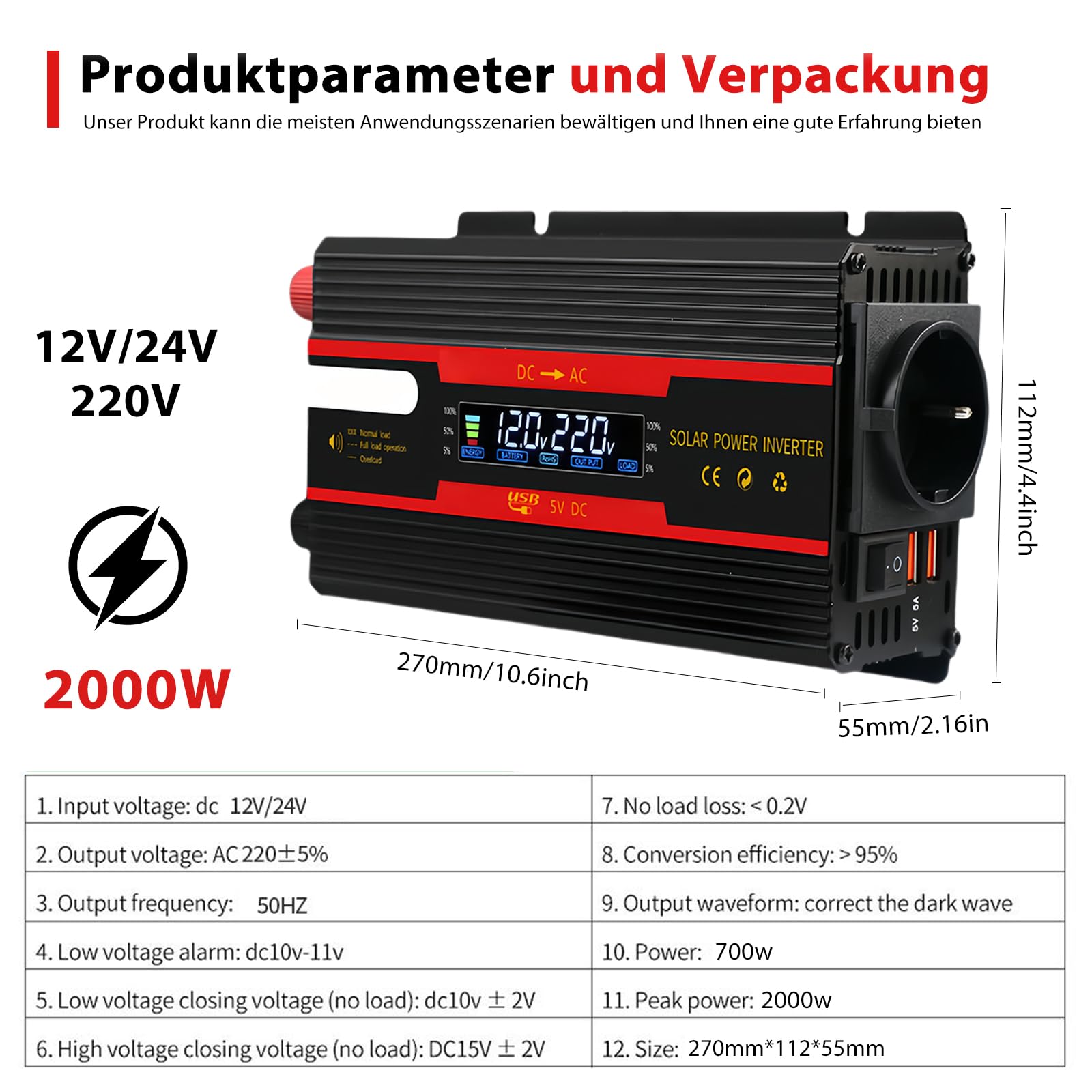 Wechselrichter Spannungswandler DC 12V / 24V auf AC 230V Modifizierte Sinuswelle Solar Inverter 700W/2000W mit EU Steckdosen, 2 USB Stromumwandler Adapter für Auto Kfz LKW Wohnwagen Camping