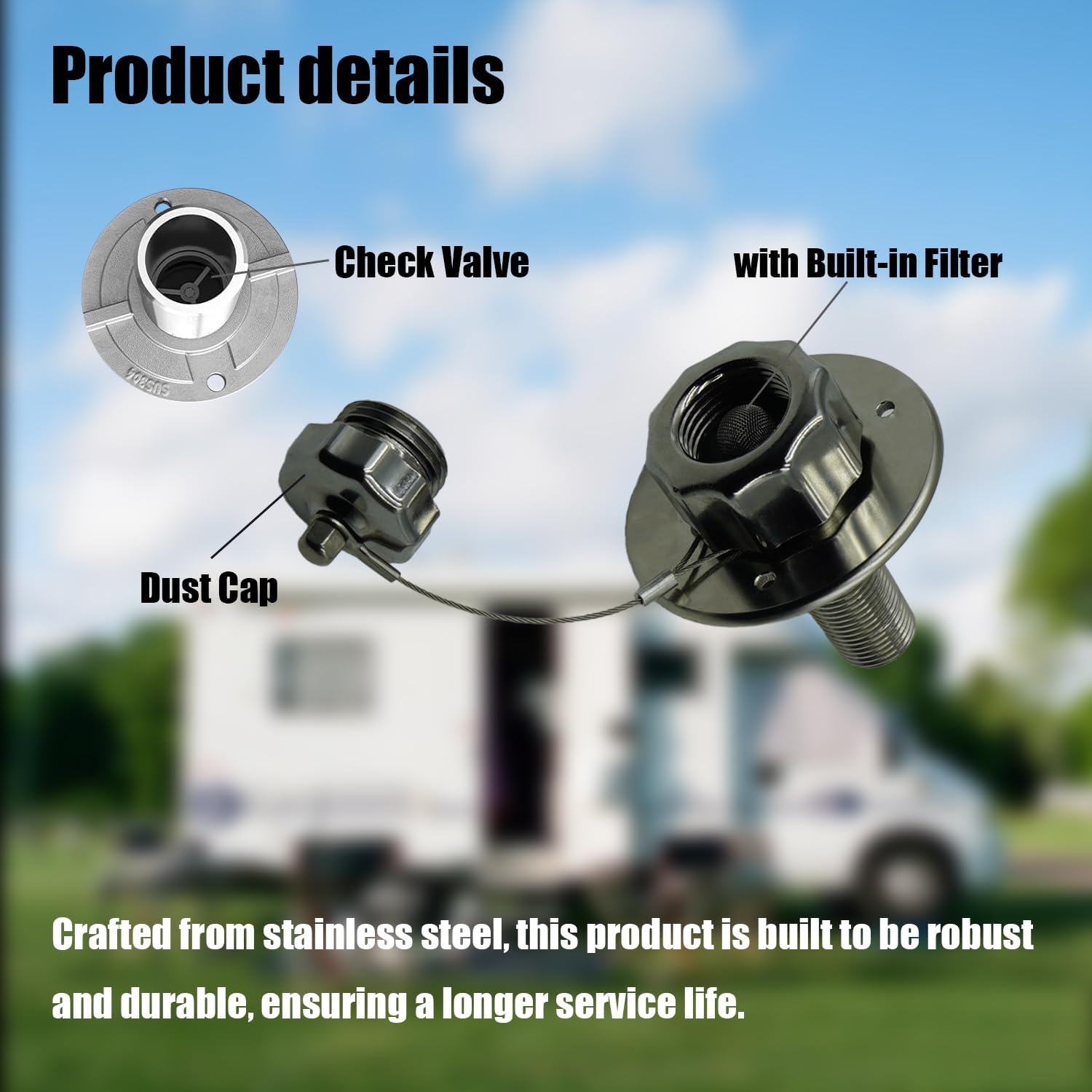 RV City Water Inlet with Check Valve - All-Metal Brushed Stainless Steel Replacement Part, Universal Water Hookup Connection for Motorhome Trailer Camper