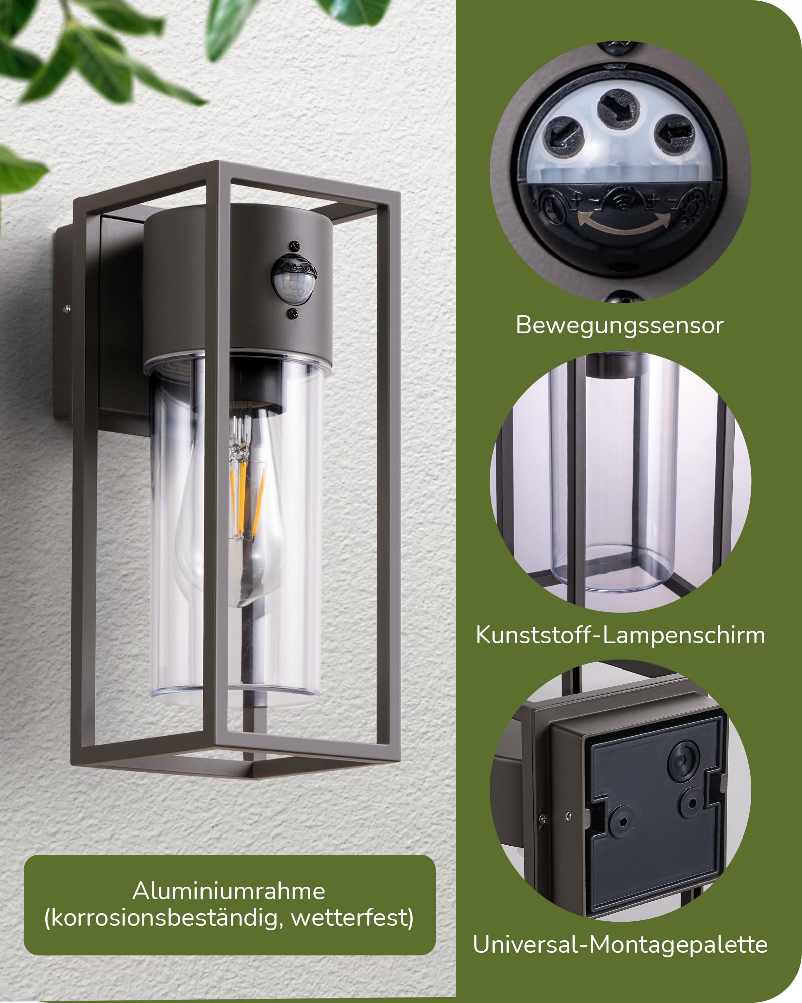 EDISHINE Zewnętrzna lampa ścienna z czujnikiem ruchu, gniazdo E27, wodoodporna IP44, lampa ścienna z aluminium i szkła hartowanego do ogrodu, na taras, fasadę, żarówki nie są dołączone, antracytowa