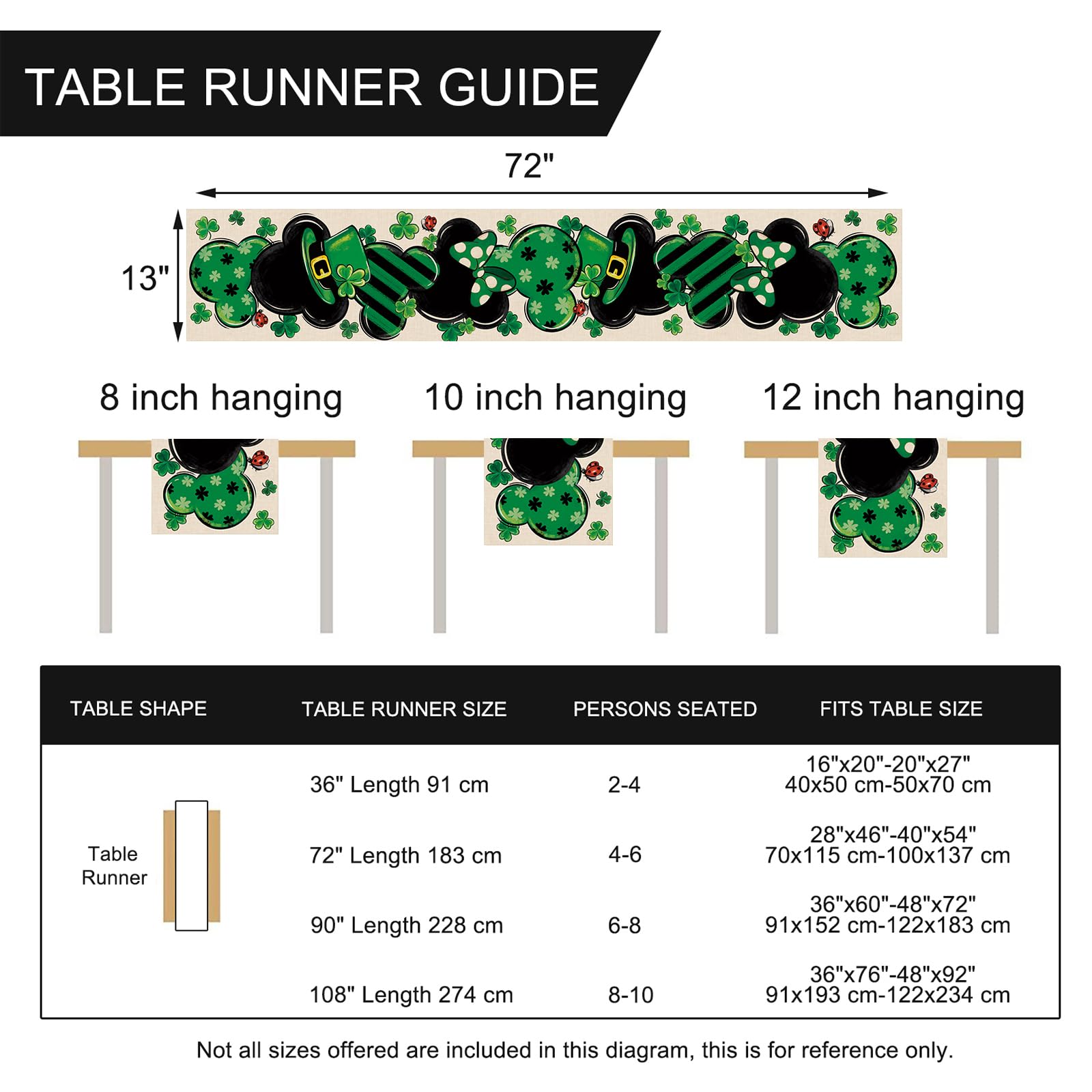 Seliem St. Patrick's Day Cartoon Mouse Table Runner, Shamrock Clover Top Hat Stripes Ladybug Kitchen Dining Table Decor, Irish Holiday Home Decoration Indoor Outdoor Party Supply 13 x 72 Inches