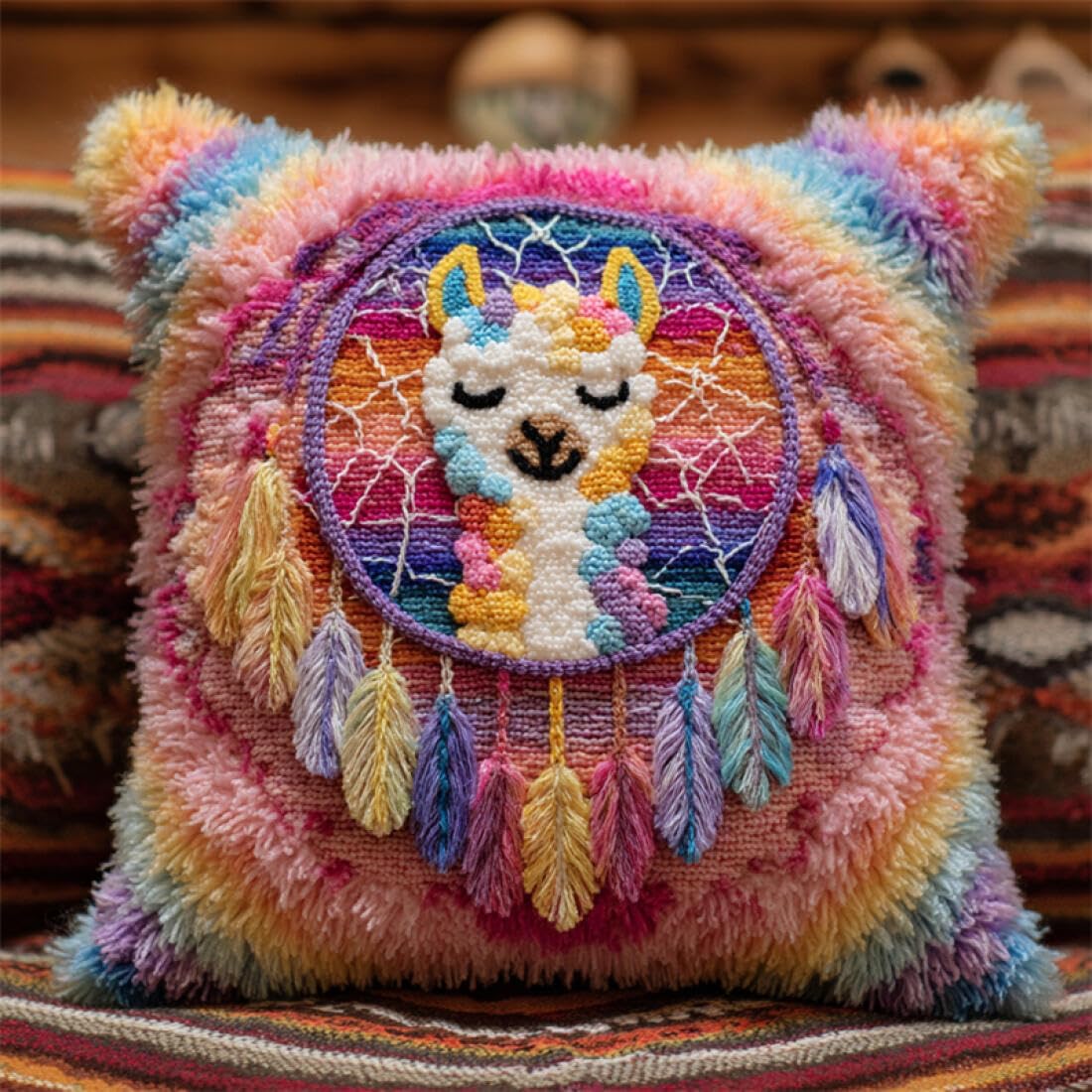 Kitquiver Animal DIY Latch Hook Kit Colorful Alpacas DIY Latch Hook Rug Kit for Beginners Embroidery Cushion Canvasfor Adult Beginners 17x17In