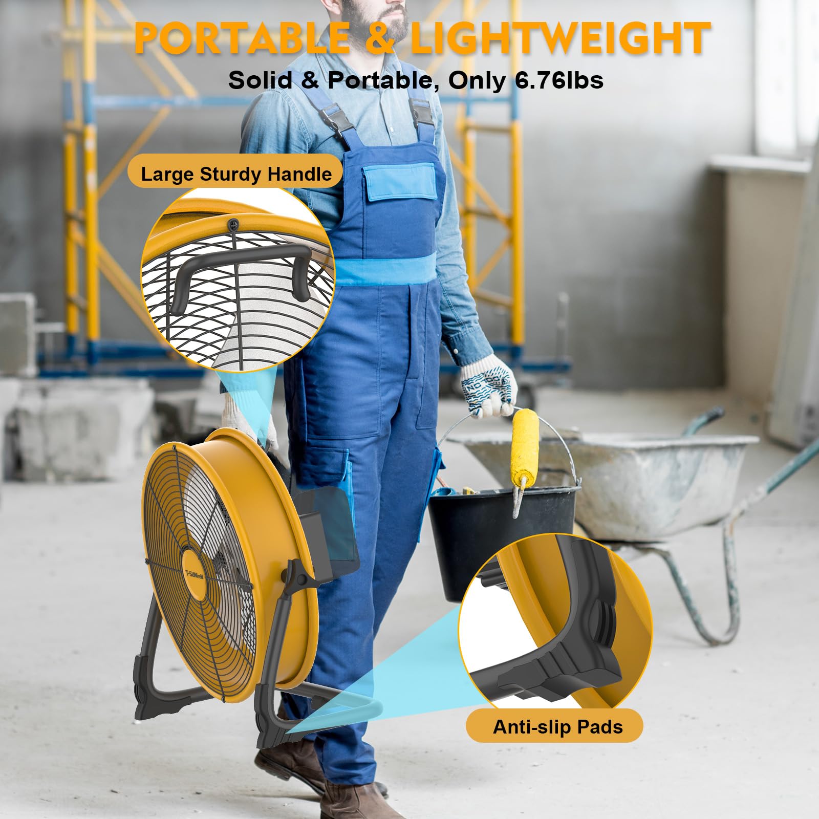 Wentylator podłogowy 40.6 cm na baterie do akumulatora Dewalt 20 V Max, przenośny wentylator z zasilaczem sieciowym i wyjściem USB, metalowy przemysłowy wentylator o dużej prędkości, bezstopniowy