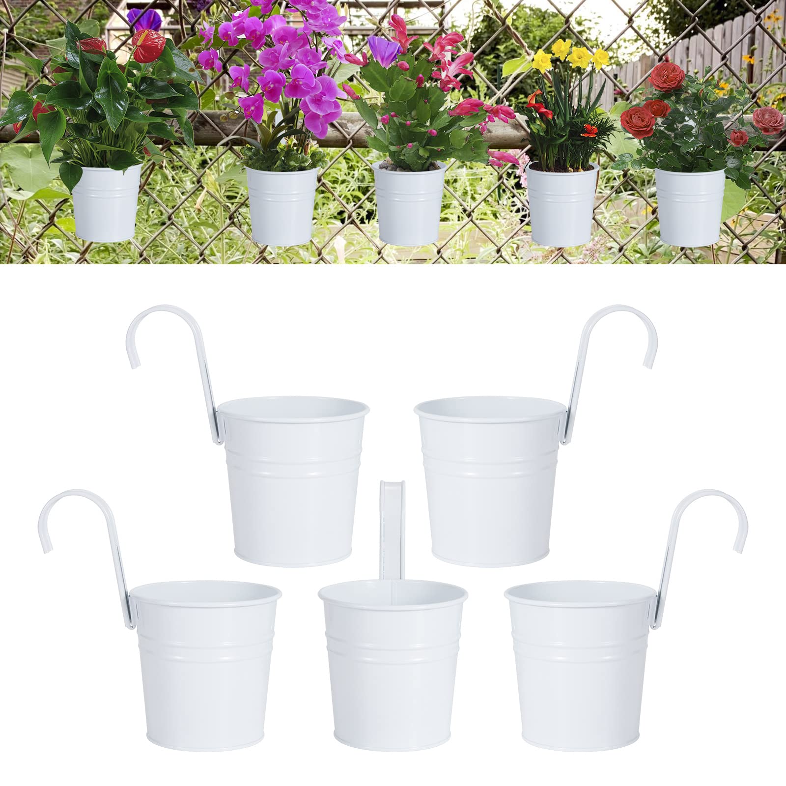 5 vasi per fiori da appendere al balcone, in metallo con gancio, 10/8 cm, altezza 16 cm, da appendere con fori di scarico, vaso per fiori sospesi, per esterni, per terrazze