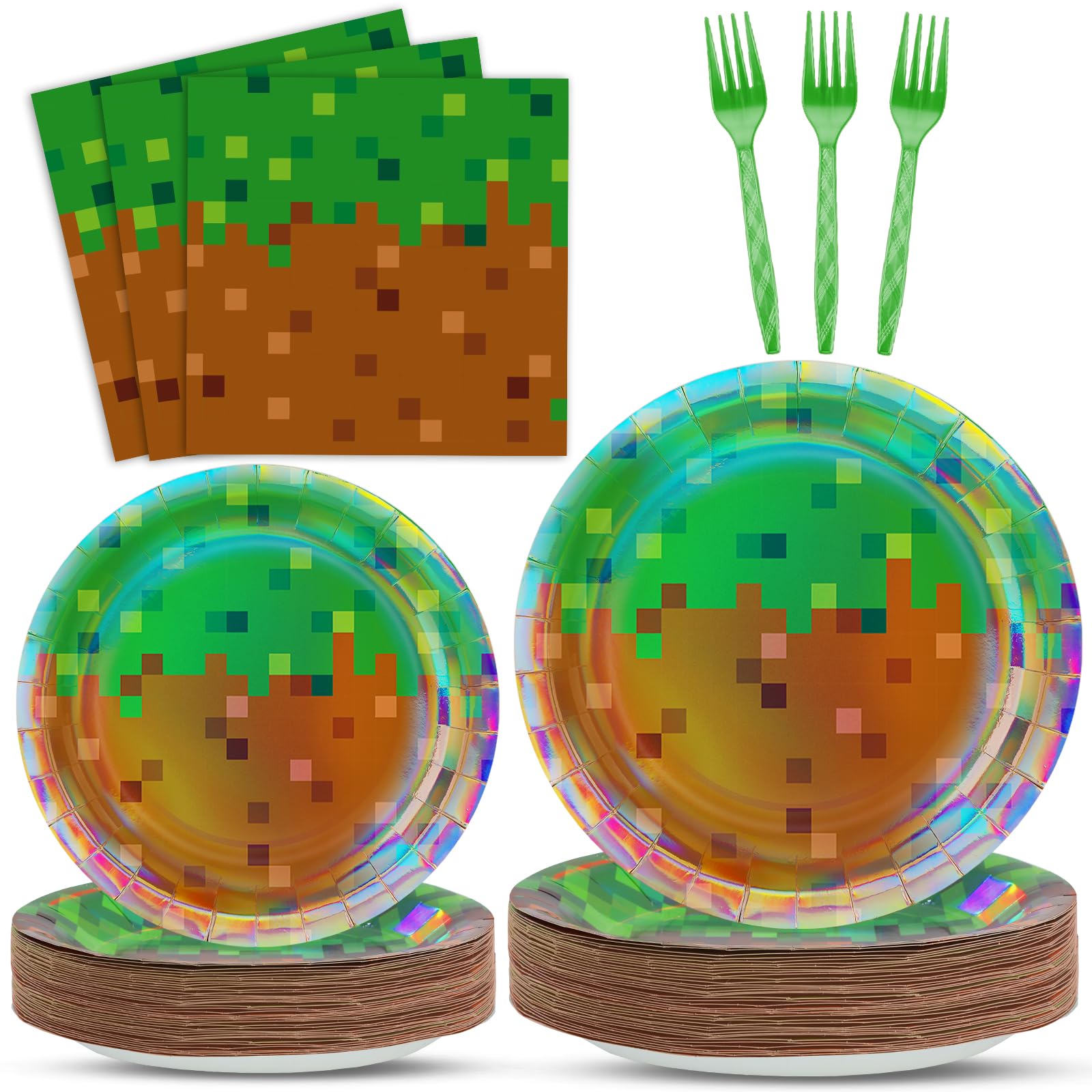 96 Pcs Iridescent Pixel Birthday Party Plates and Napkins for Mining Gamer Supplies Pixel Paper Dessert Plates Gaming Party Tableware Set for Kids 24