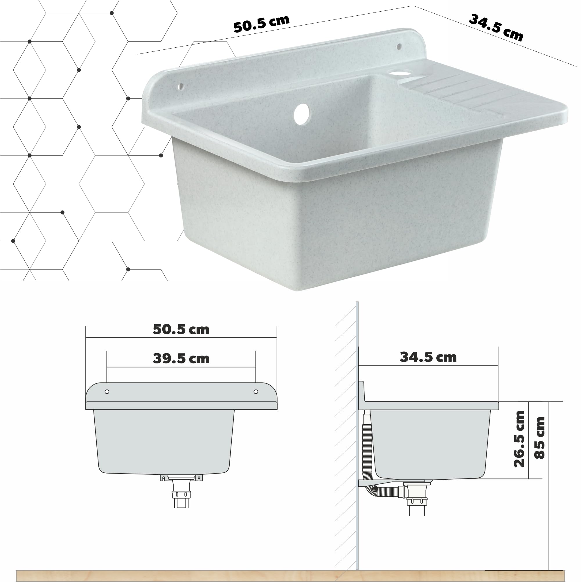 GOSPO Fregadero de polipropileno, 50,4 x 34 x 26,5 cm, fregadero con sifón y kit de montaje, lavabo, lavabo, lavabo, lavabo (blanco)
