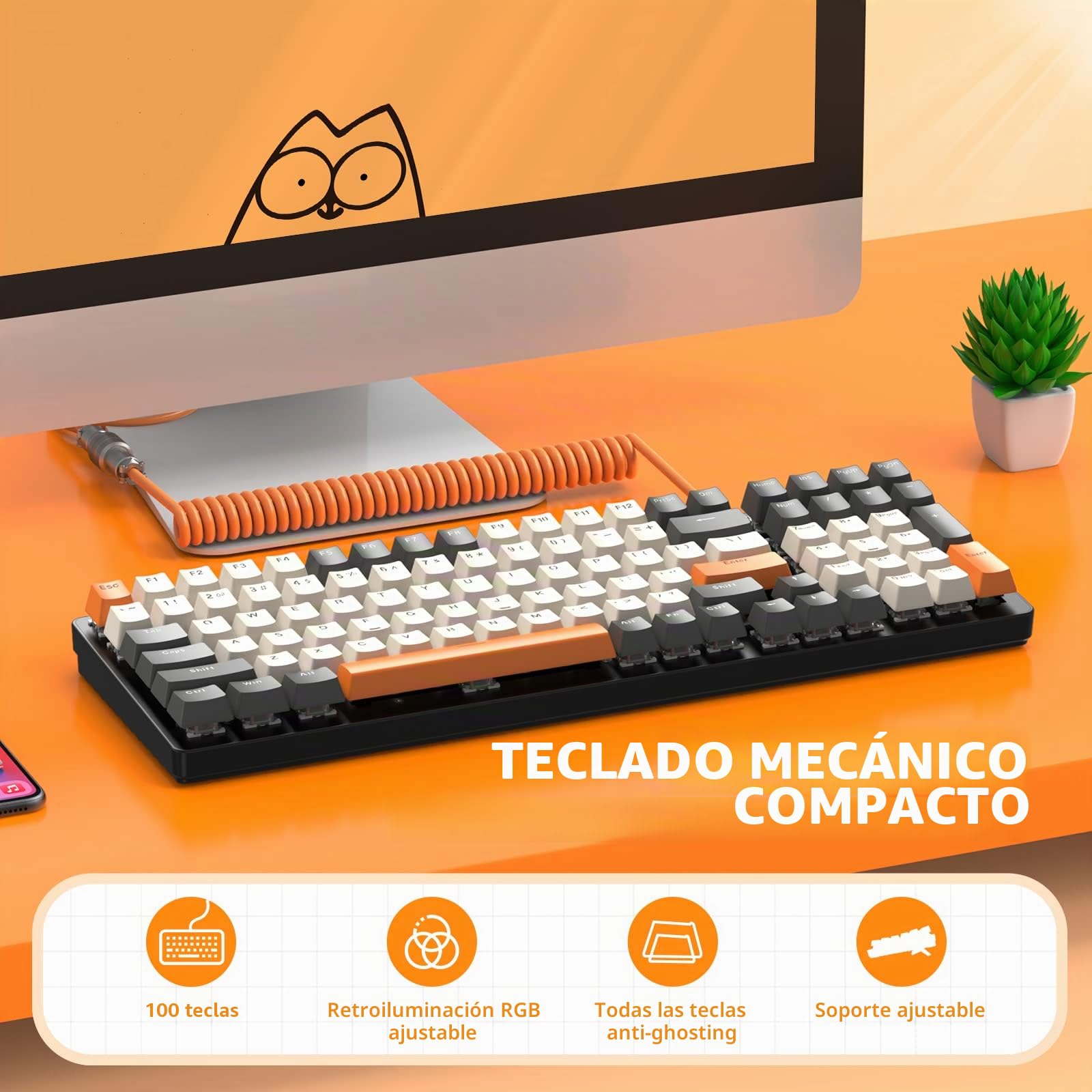 ZIYOU LANG K3 Pro Teclado mecánico para Juegos Teclado con Cable con iluminación Negra RGB Interruptor Rojo 100 Teclas, Cable USB en Espiral Tipo C a USB-A Conector de aviación de Metal Desmontable