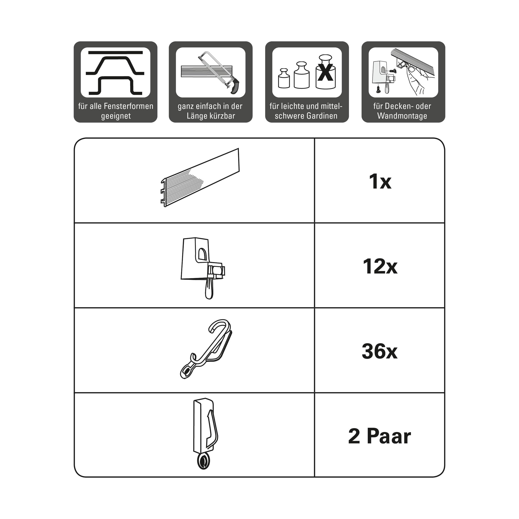 GARDINIA Zestaw szyn do zasłon Flexline, Szyna do zasłon, 350 cm, Tworzywo sztuczne, Czarne