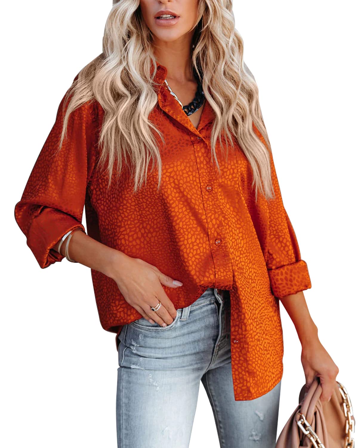 MOPOOGOSS Women's Button Down Shirts V Neck Satin Embossed Plain Silk Blouses Long Sleeve Office Work Casual Tops