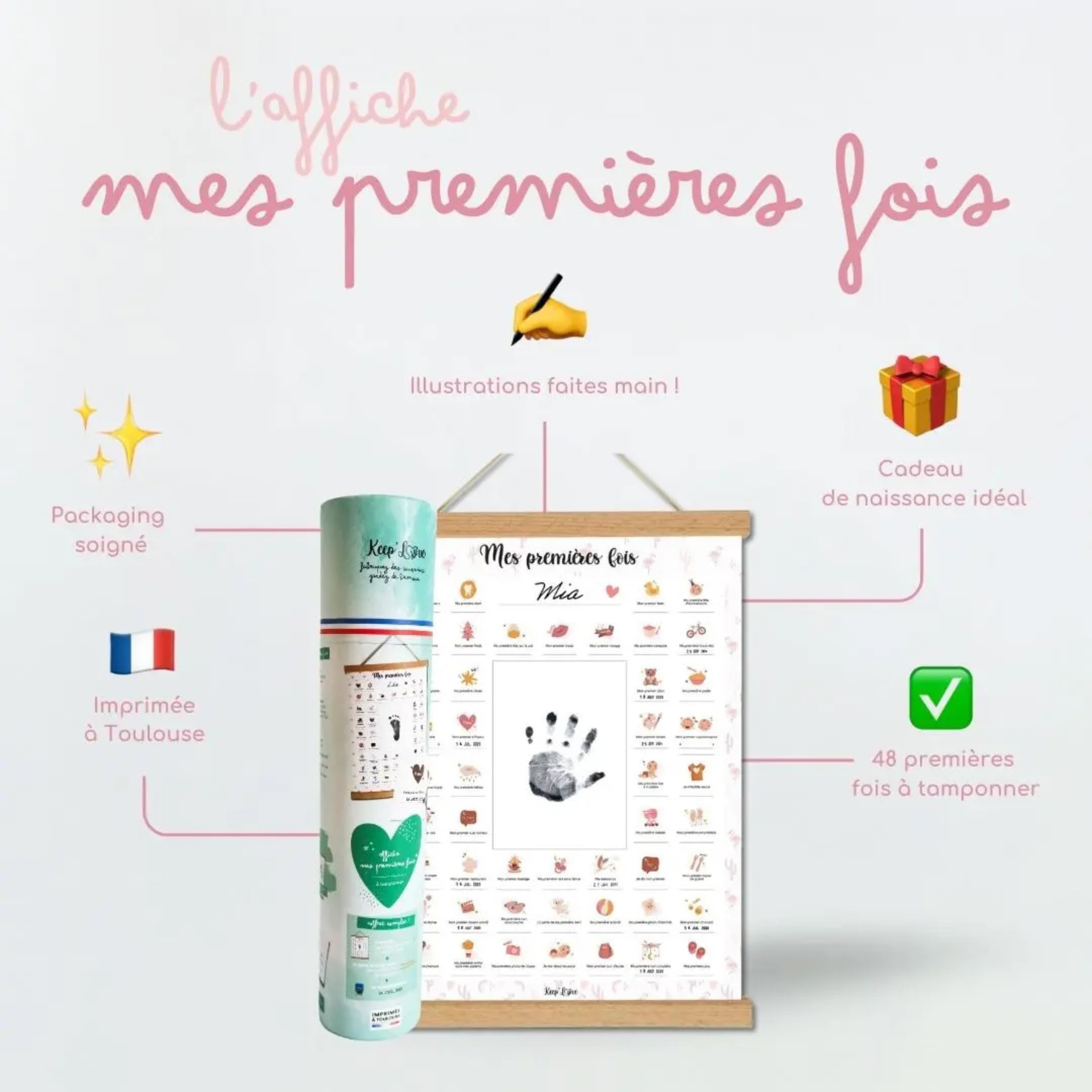Affiche "Mes Premières Fois" à Tamponner, Cadeau de Naissance Bébé, Souvenir, Decoration Chambre Bebe, Baguettes, Kit Empreinte Bébé, Cadeau Jeune Maman, Grand Format A3 (Modèle FLAMANT ROSE)