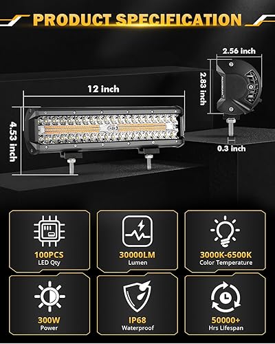 Vista 60 de Auxbeam Vaina LED de 3 pulgadas, 72 W, luz antiniebla ámbar, 6 modos de luz estroboscópica, cubo estroboscópico, barra de luz de doble