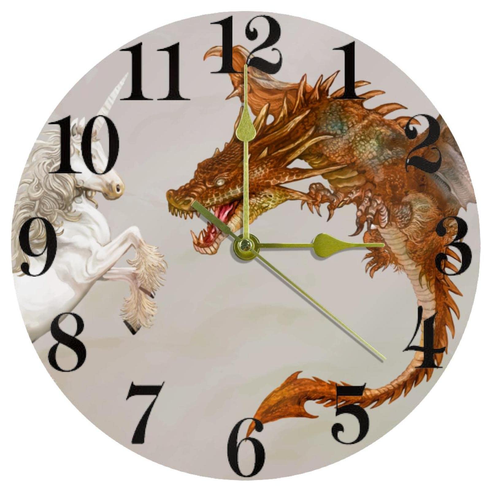 Horloge murale ronde à quartz de 25,4 cm avec motif licorne et dragon pour chambre d'enfant