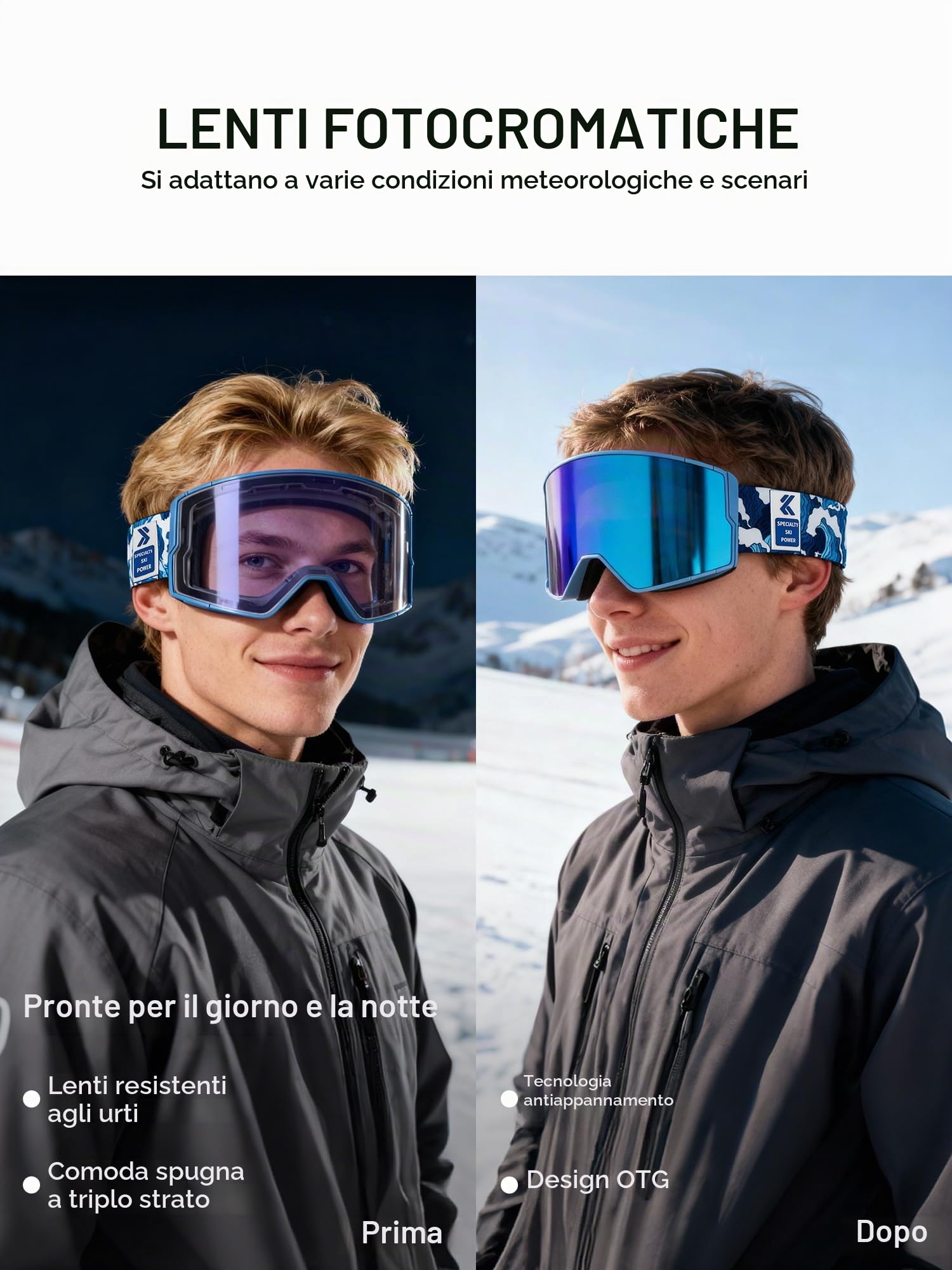 KAPVOE Occhiali da Sci Fotocromatici e Colorati Anti-Appannamento UV400 Design OTG per Uomini Donne e Adolescenti per Sci e Snowboard K722