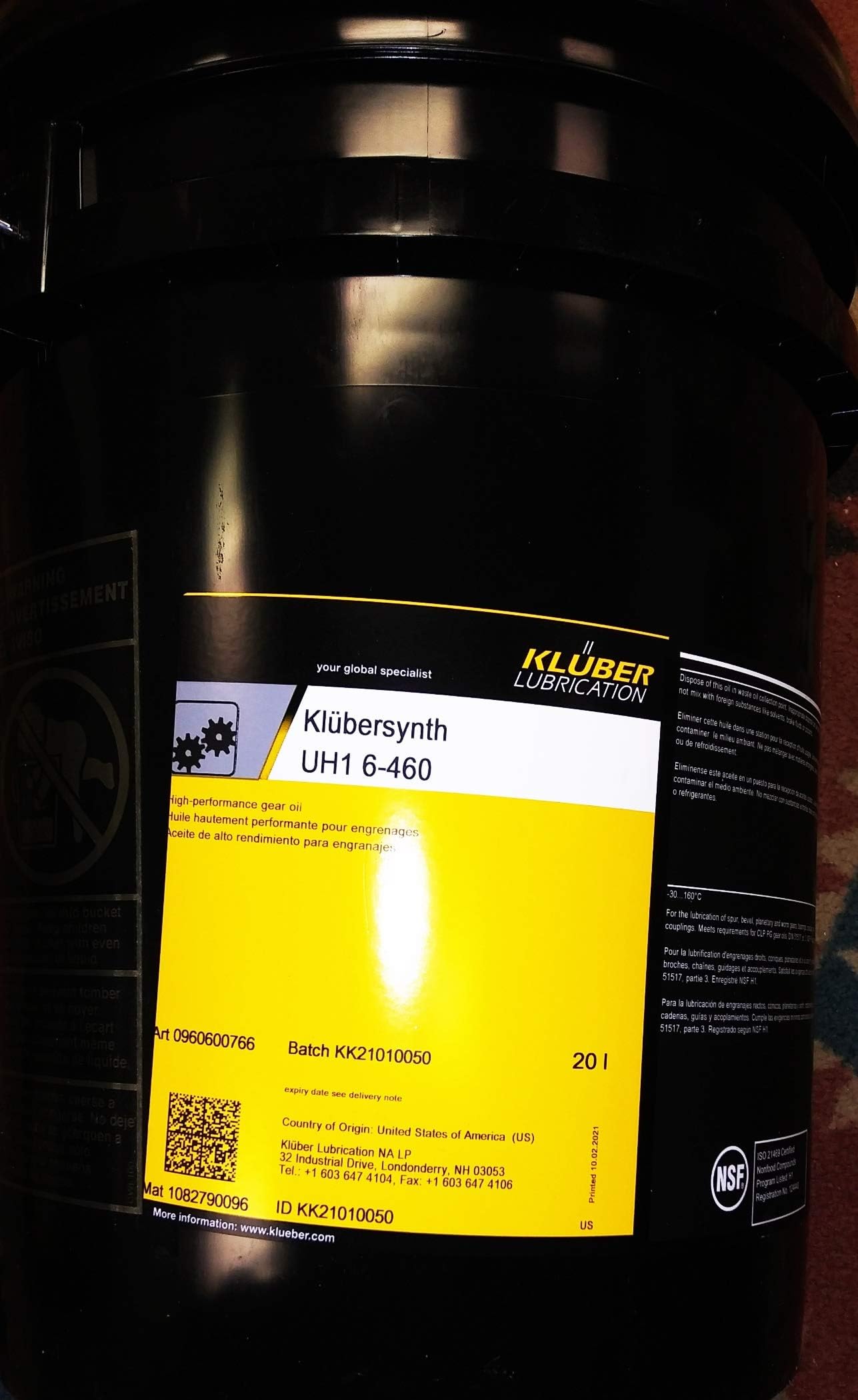 Kluber Lubrication Klubersynth UH1 6-460 Synthetic High Temperature Gear Oil for Loaded Spur& Bevel Gears-Rolling & Plain Bearings-Worm Gears-Lifting-Drive-Transport Chains 20 Liter Pail