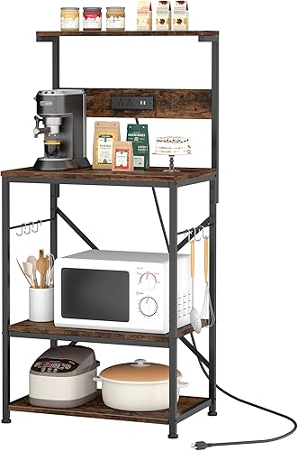 JAMFLY Estante para hornear de cocina con toma de corriente, soporte para microondas con 6 ganchos en forma de S, barra de café de 4 niveles para