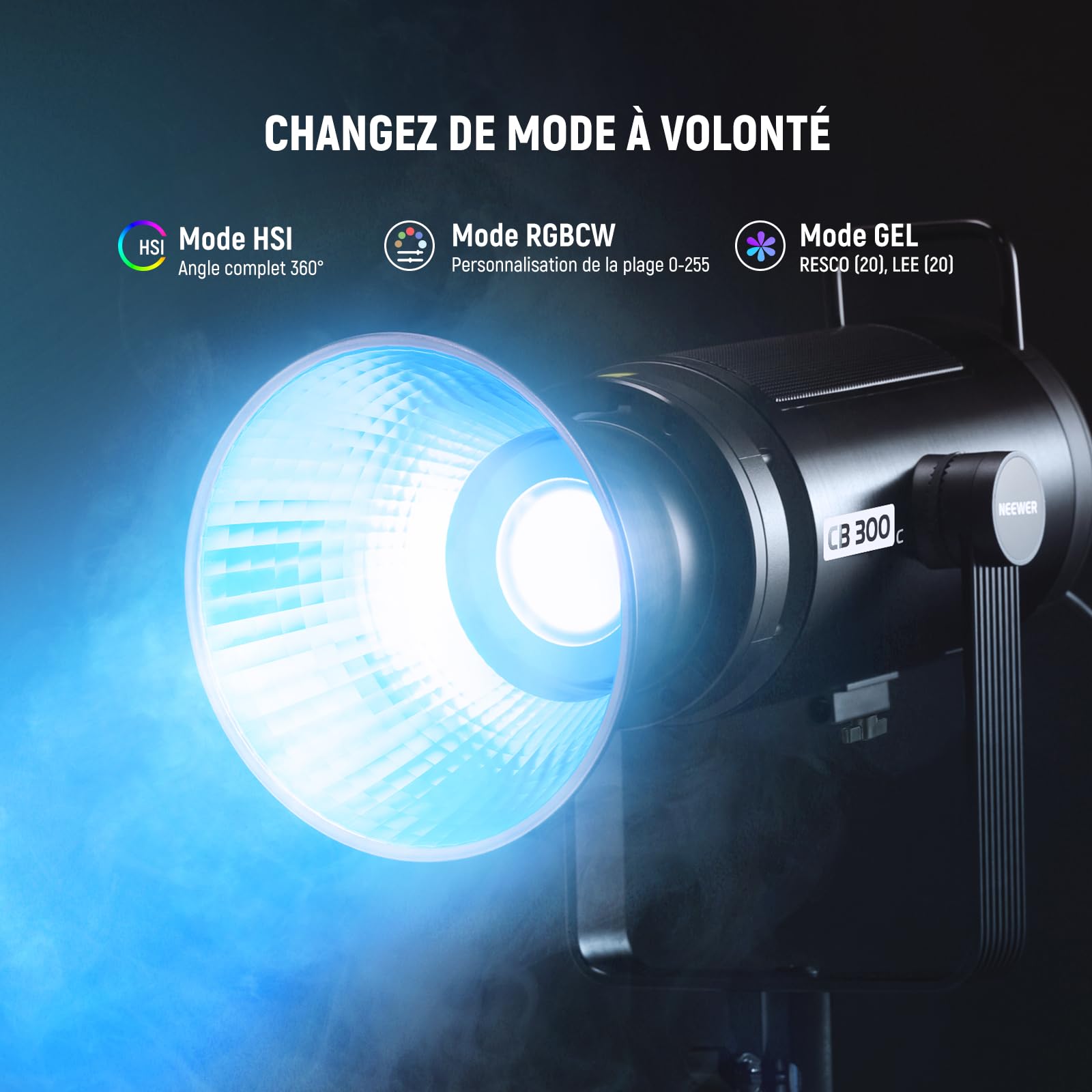 NEEWER CB300C 300W COB Video Light LED RGB avec Réflecteur, Contrôle APP/2,4G, 17 Scènes, 29600Lux/1m 2500-7500K CRI97+/TLCI97+ Éclairage Continu Couleur COB Bowens Réglable, pour Tournage en Studio