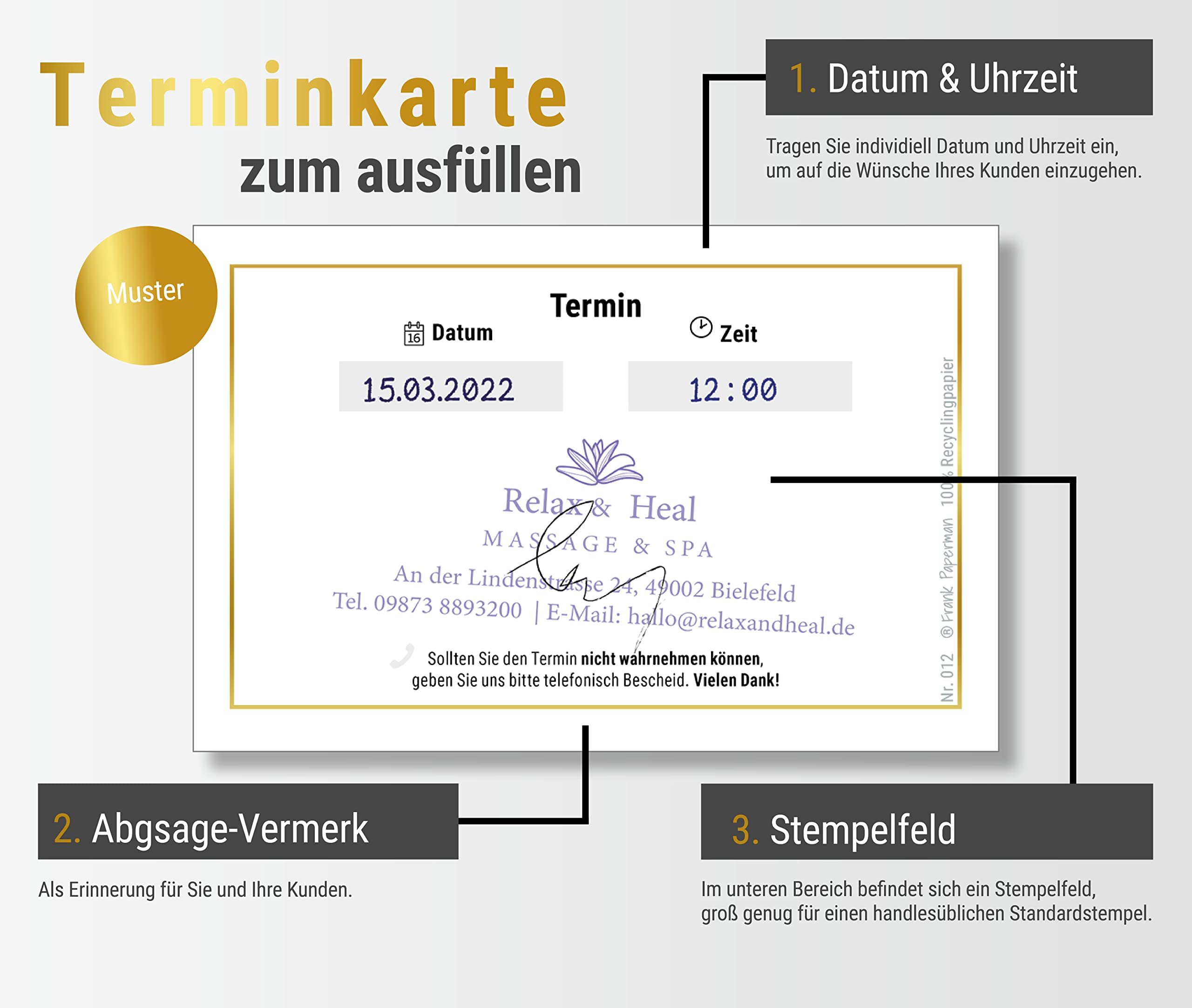 200x Terminzettel gold | mit hochwertiger Goldfolienprägung | 1 Termin auf einem Terminzettel praxis | Visitenkartenformat | Querformat