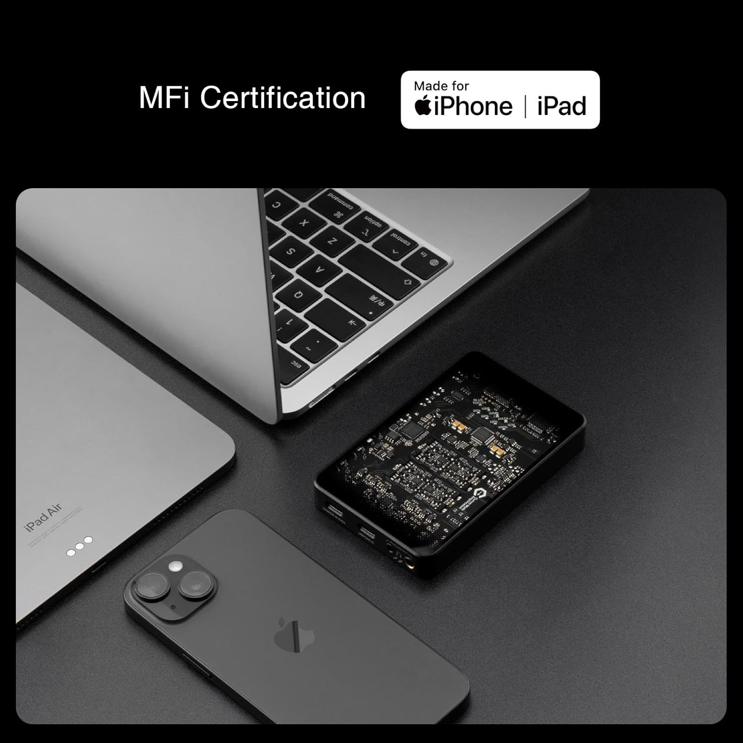 Questyle Sigma next to an iPhone, iPad, and MacBook, highlighting its MFi certification.