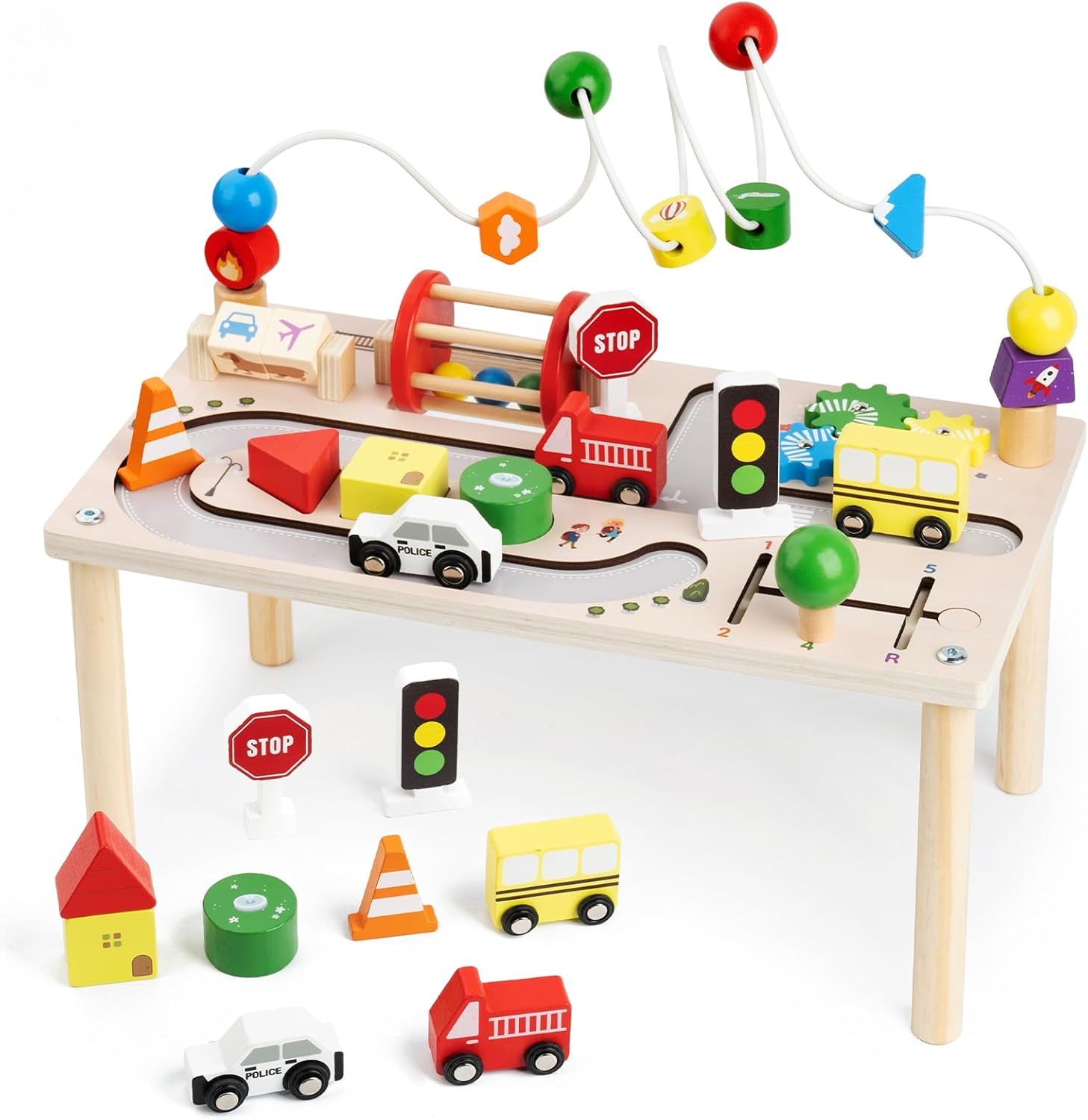 Activity Table for 1 Year Old, 8 in 1 Wooden Montessori Learning Table with Shape Sorter, Cars, Sensory Development Bead Maze Toy for Toddlers 1-3 Birthday Gift Traffic Activity Table