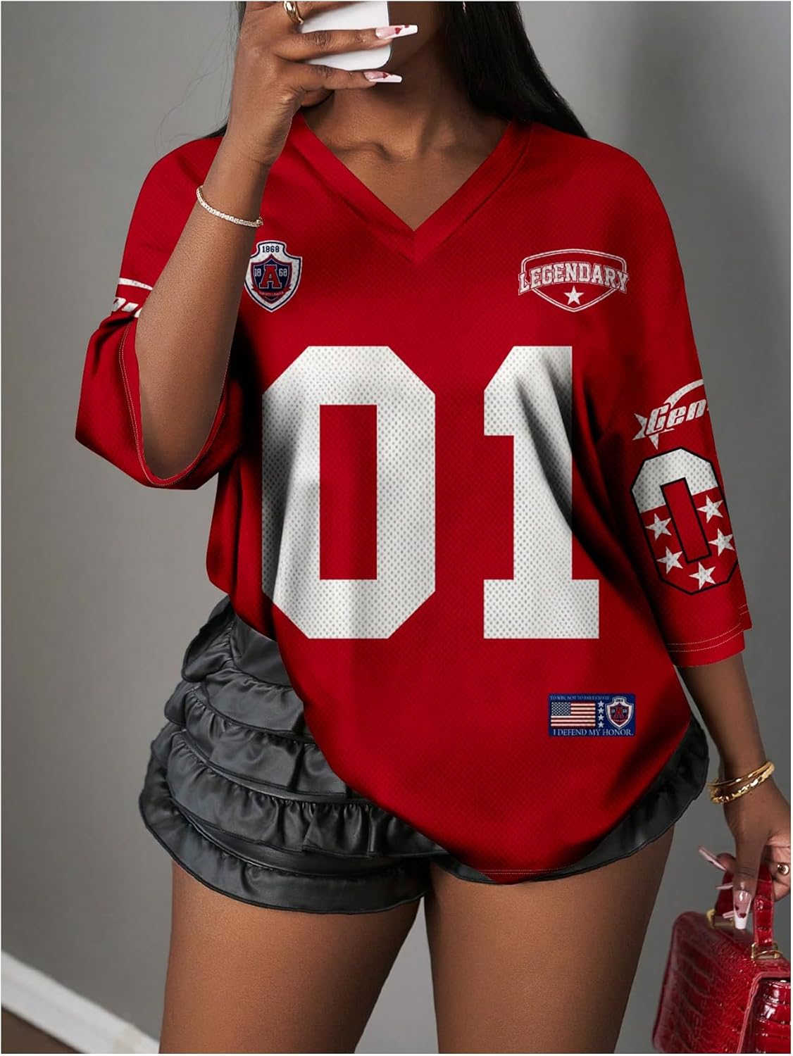Women's Number Graphic Mesh Jersey Shirt V Neck 3/4 Sleeve Football Tee Tops Sportswear - Image 3
