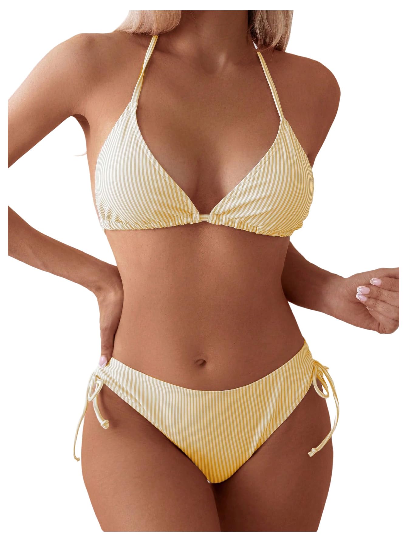 SweatyRocks Womens 2 Piece Bikini Set Striped Halter Triangle Swimsuit Backless High Cut Cheeky Bathing Suit