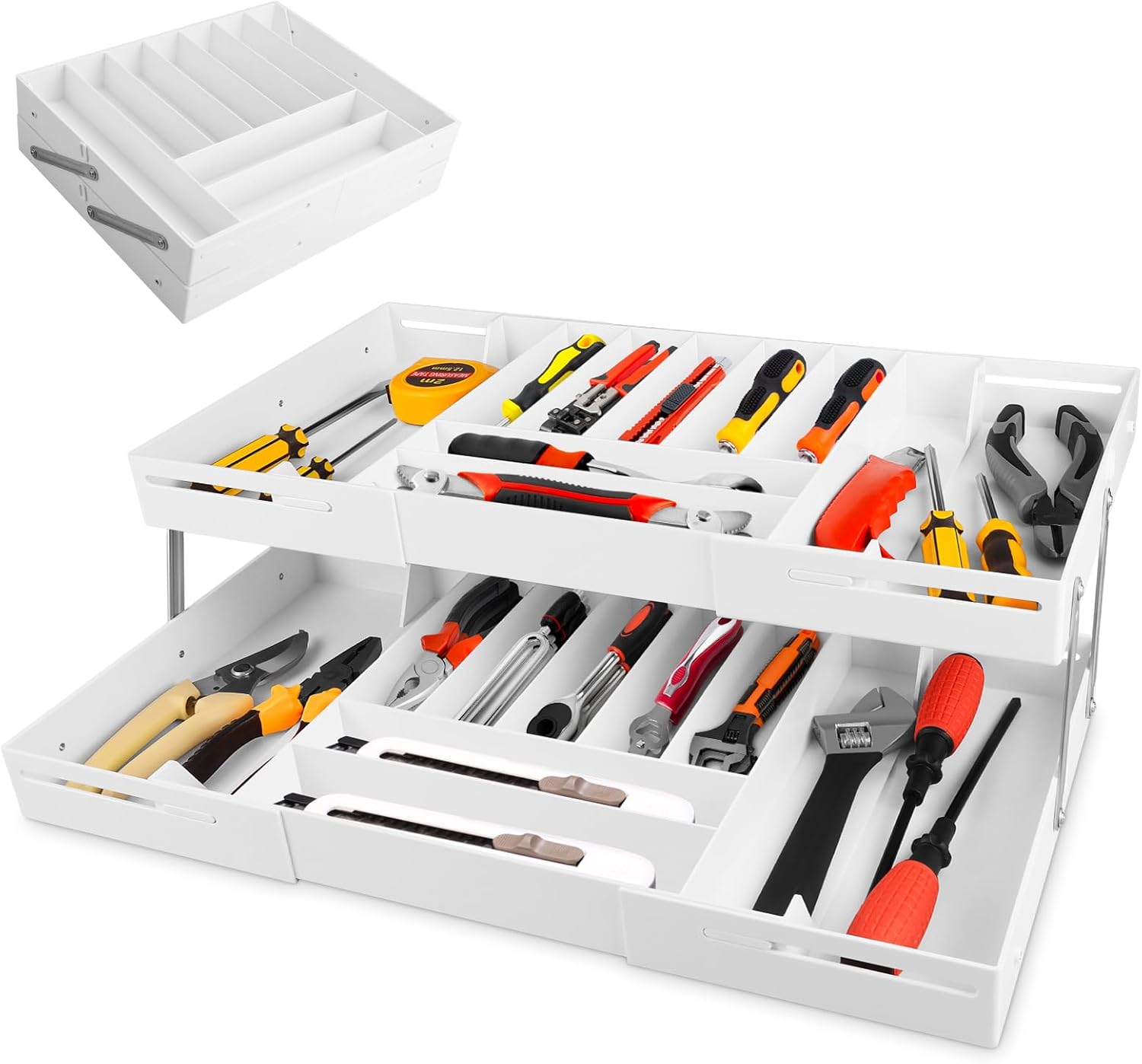 2 Tier Extra Large and High Drawer Organizer, Expandable Smart Drawer Organizer, Desk Organizer for Hardware Tools, Makeup, Jewelry (WHITE)