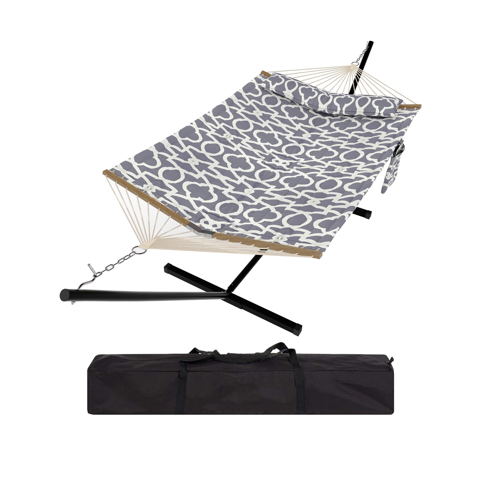 AffinityFurn Double Hammock with Stand – 2 Person, 450LB Capacity, Weather-Resistant Quilted Polyester, Hardwood Spreader Bar, Portable with Carry Bag – Comfortable Outdoor Patio Hammock – Light Grey