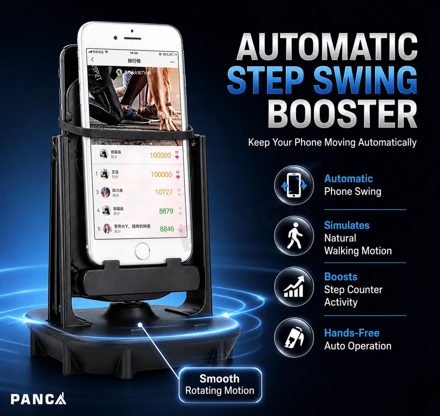 PANCA Automatic Step Swing Device for 2 Phones, Mobile Shaker Rocker with Dual Phone Holder, Adjustable Desk Mount Step Counter Support for Recording Gaming Fitness Apps Compatible (Black) — Amazon image 8
