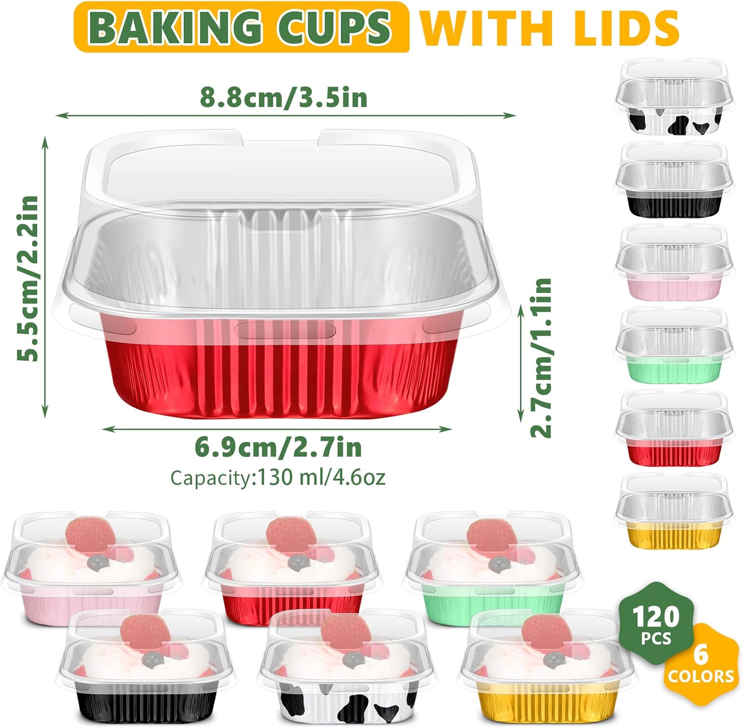 Zhehao 120 Pcs Aluminum Foil Square Baking Cups Mini Cake Pan Dessert Cups with Lids 4.6 oz Muffin Liners Disposable Ramekins for Bakery Valentine Wedding Party Birthday Carnival Decoration - Image 2