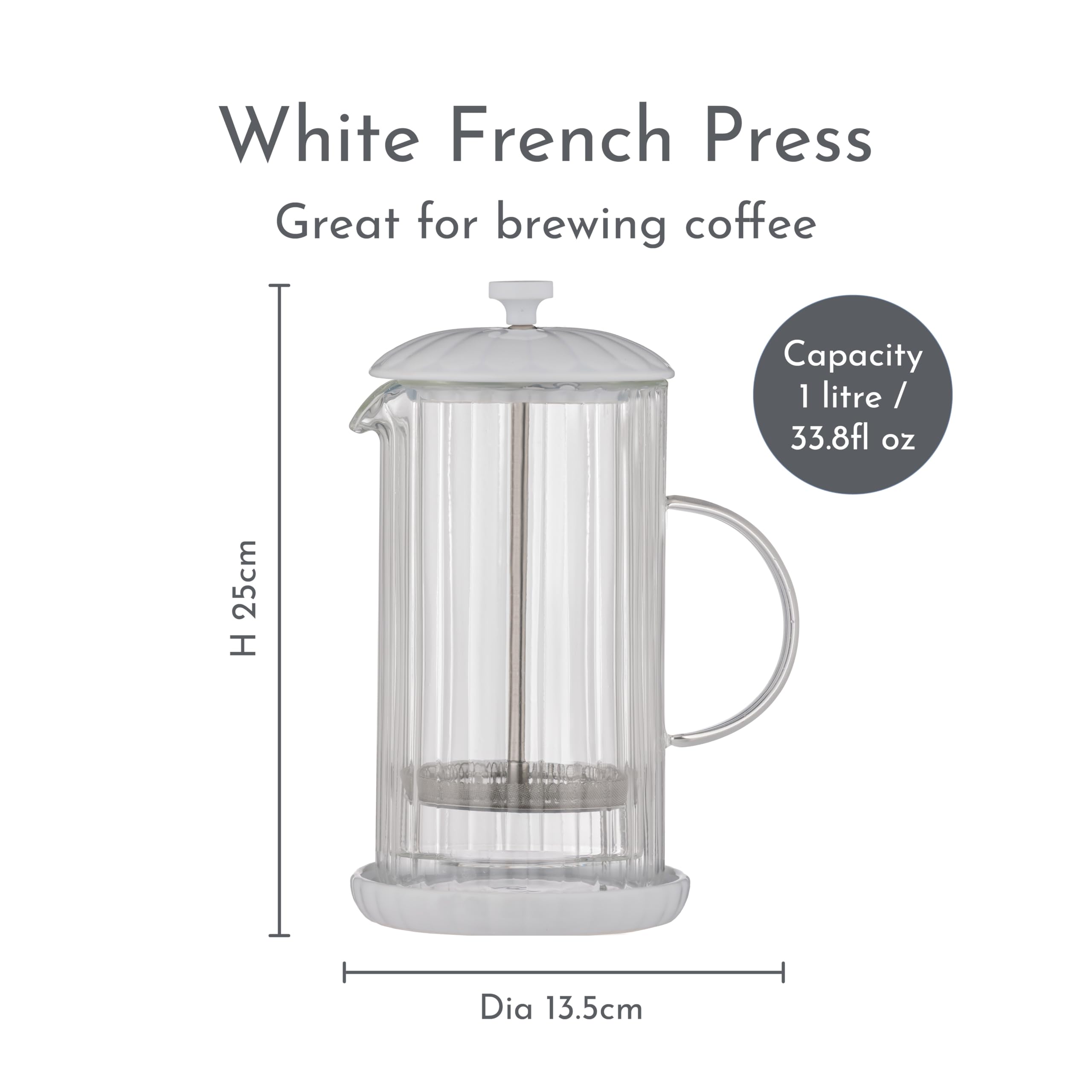 Price & Kensington LUXE French Press - Cafetera (1 L, cristal y acero inoxidable, para 1 o 2 tazas, filtro de malla fina sin papel, apta para lavavajillas), color blanco