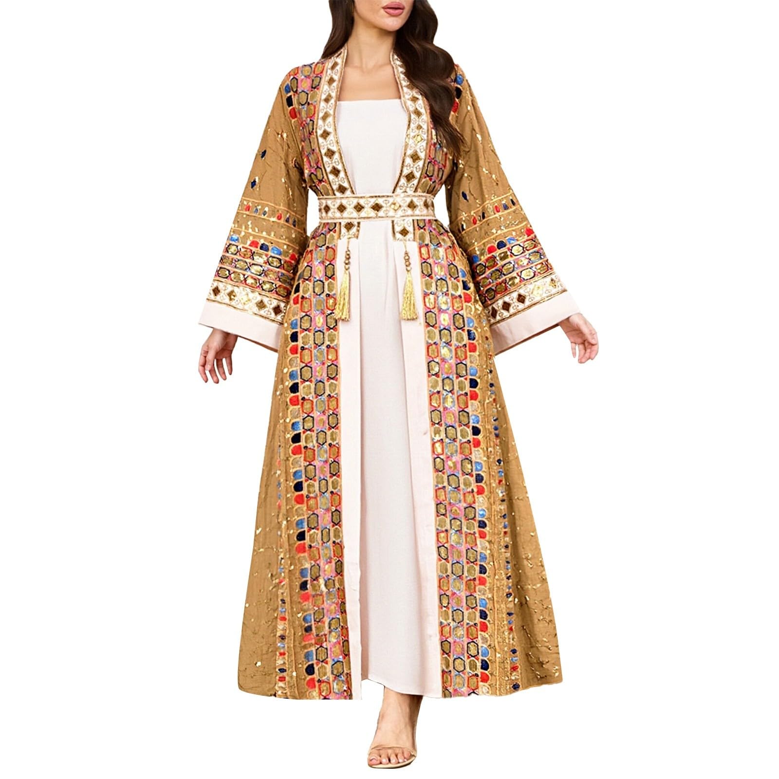 Elegante Abaya Musulmán de Manga Larga con Detalles Intrincados de Cuentas y Colgante para Eventos Formales Nocturnos