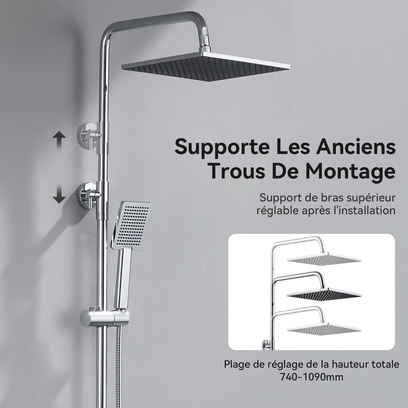 Auralum Colonne de Douche sans Mitigeur Chromé Mat en Laiton, Colonne Télescopique 65-110cm avec Tête de Douche Carré Pluie 10", Douchette à Main Réglable, Kit pour Baignoire et Salle de Bain