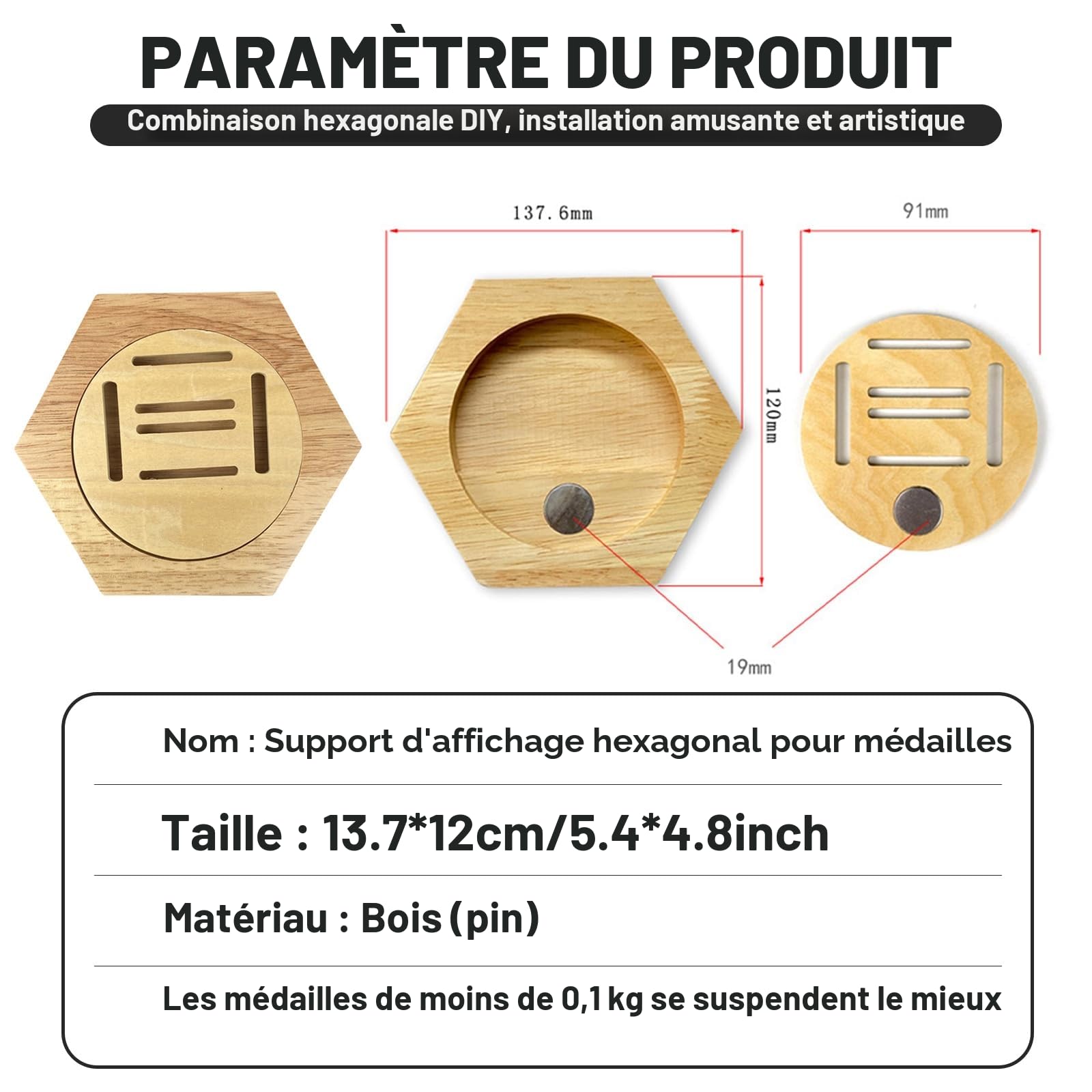 Porte-médailles avec présentoir, porte-médailles de course, support en nid d'abeille pour mur - Idéal pour les sports, les marathons et les championnats - Élégant coffret à médailles en bois