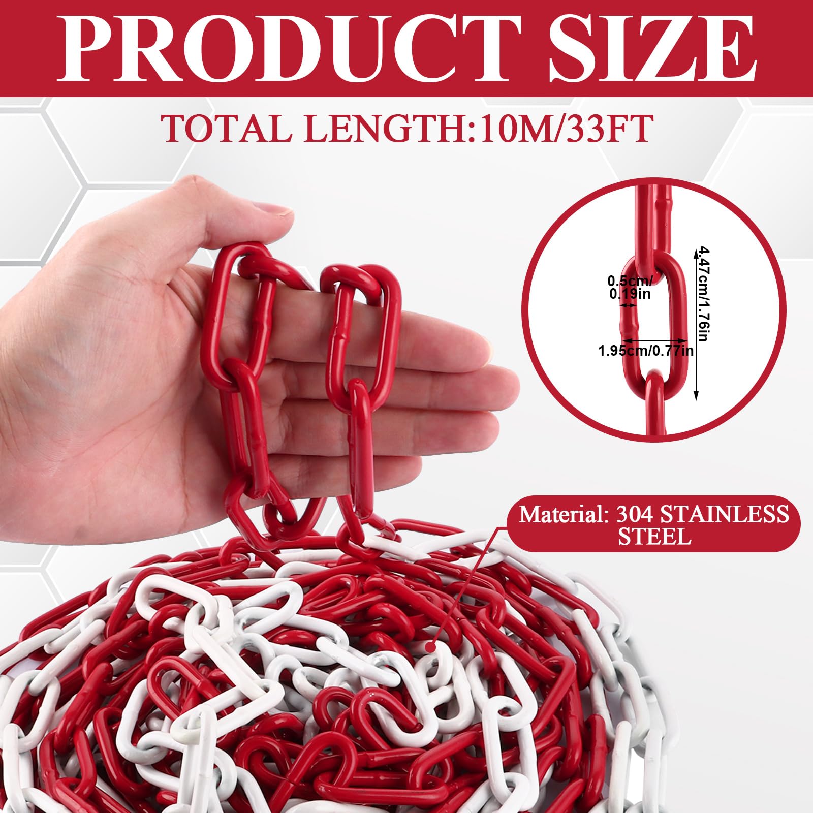 DAJAVE Catena in acciaio da 10 m, catena di sicurezza rosso e bianco, in metallo Ø 5 mm, catena in acciaio zincato per bloccare le superfici, catena di blocco parcheggio