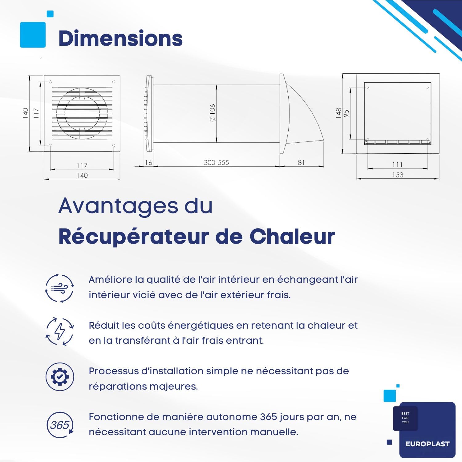 EUROPLAST Ø 100mm Système de Ventilation avec Récupération de Chaleur - Unité de VMC Décentralisée - Ventilateur Mural - Avec Câble et Cordon de Serrage