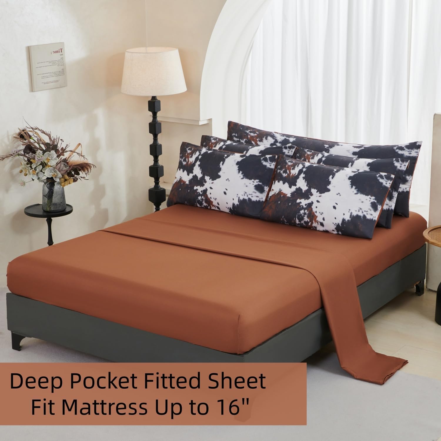 SUCSES King Size Comforter Set 8 Pieces Cow Fur Print Bed Set Western Rustic Bedding Sets Brown Black White Bed Comforter with Fitted Sheet for Bedroom Decoration