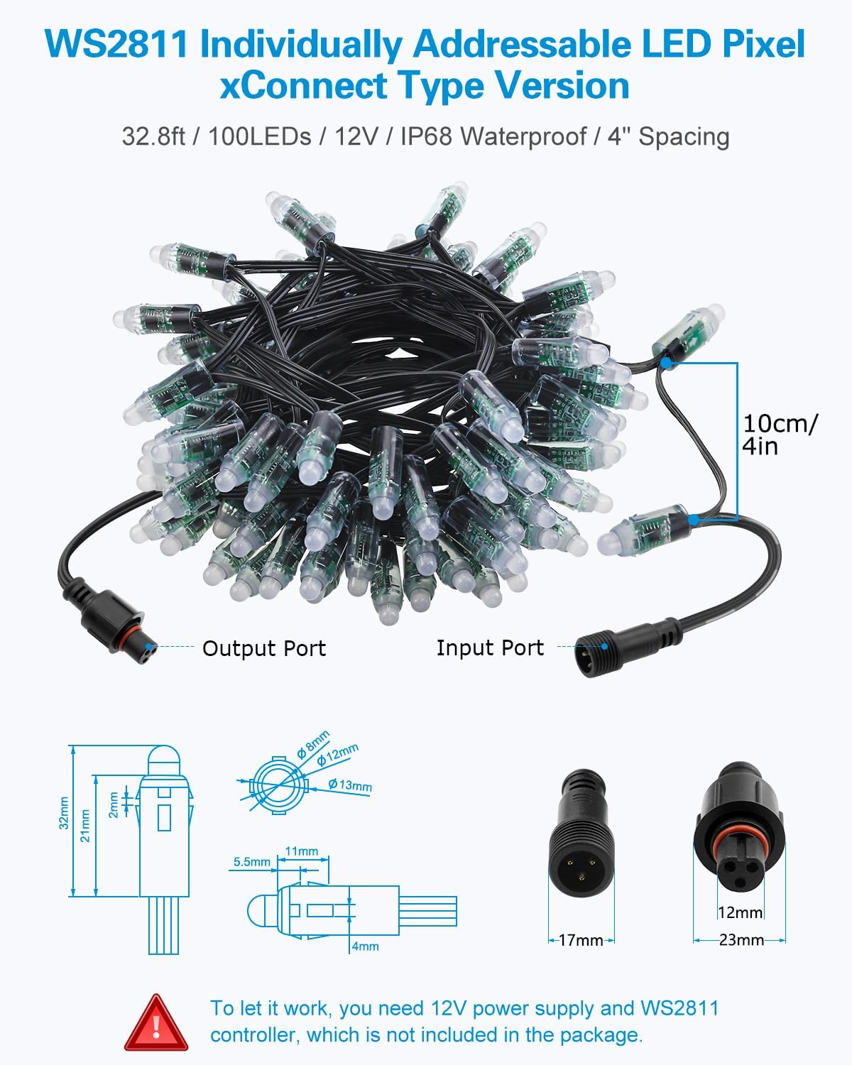 ALITOVE WS2811 12V LED Pixel Lights with xConnect RGB Addressable Bullet Pixels String Lights 100pcs IP68 Waterproof 12mm Diffused Programmable Color Chasing for Halloween Christmas Outdoor Decor