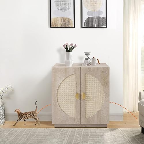 Vista 9 de unipaws – Banco de almacenamiento y orinal para gatos, cubierta de caja de arena con estructura de madera resistente, almacenamiento amplio, fácil