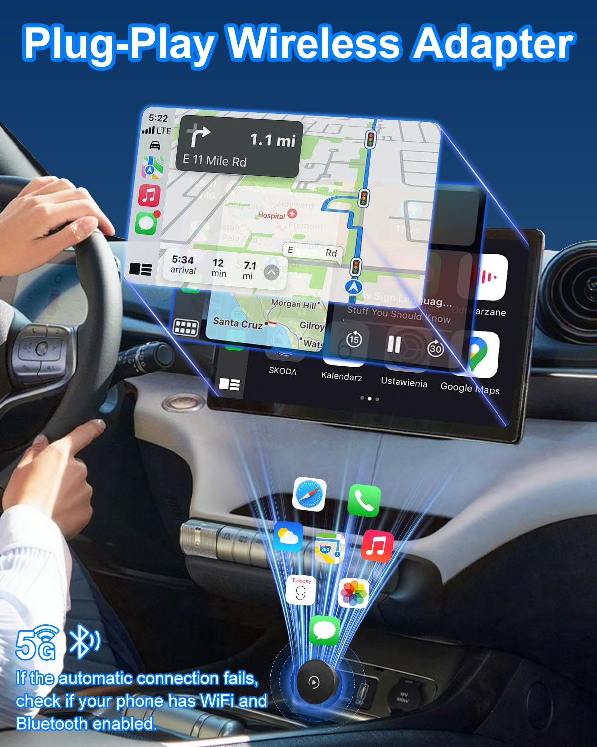 Mini bezprzewodowy adapter samochodowy do fabrycznie zainstalowanych systemów pojazdów, Plug & Play adapter USB C do pojazdów z przewodowym CarPlay/Android Auto (od 2016), WLAN BT 5.2, kompaktowa