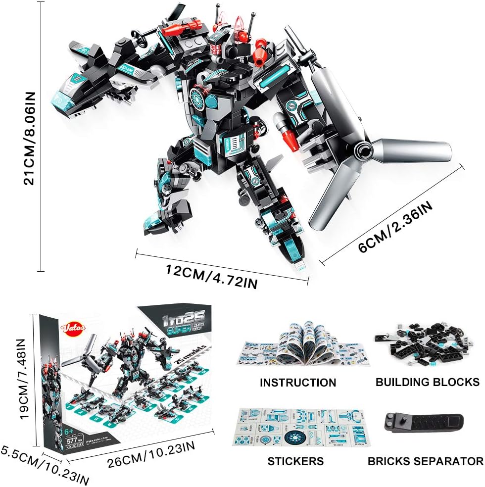 Contents of the VATOS STEM Robot Building Toys package, including blocks, instructions, stickers, and a brick separator.