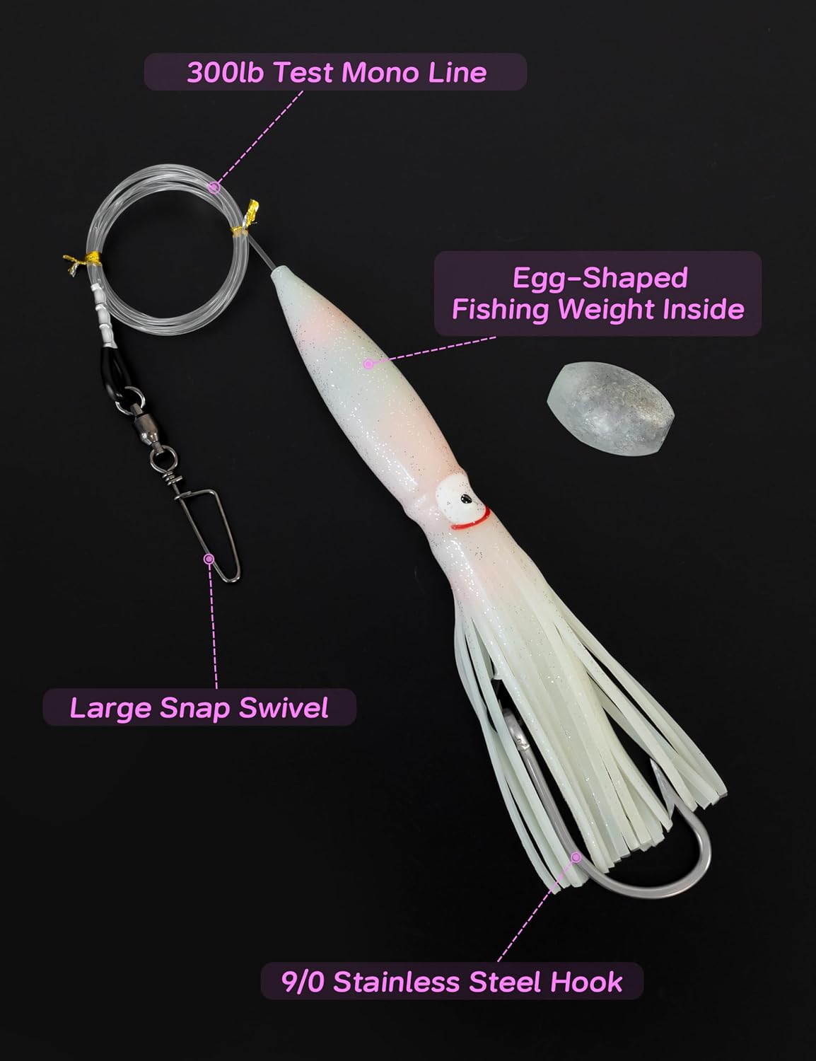 BLUEWING Fishing Spreader Bar Main Replacement Parts with 6in/9in Bulb Squids, 300lb Mono Nylon Line and Large Snap Swivel for Wahoo Tuna Marlin Mahi Fish