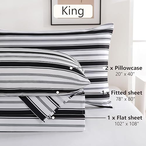 Miniatura 8 de MCO Juego de sábanas a rayas de 4 piezas, juego de sábanas transpirables tamaño King con bolsillo profundo de 16 pulgadas, moderno y lujoso, juego