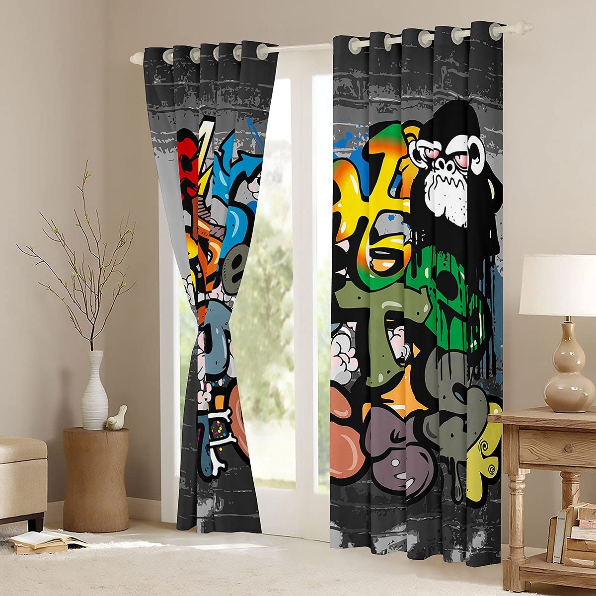 Hip Hop Curtains for Bedroom Living Room Colorful Graffiti Printed Curtains for Kids Boys Teens Cartoon Alphabet Printed Windows Drapes Street Hipster Curtains,W66*L72 - Image 3
