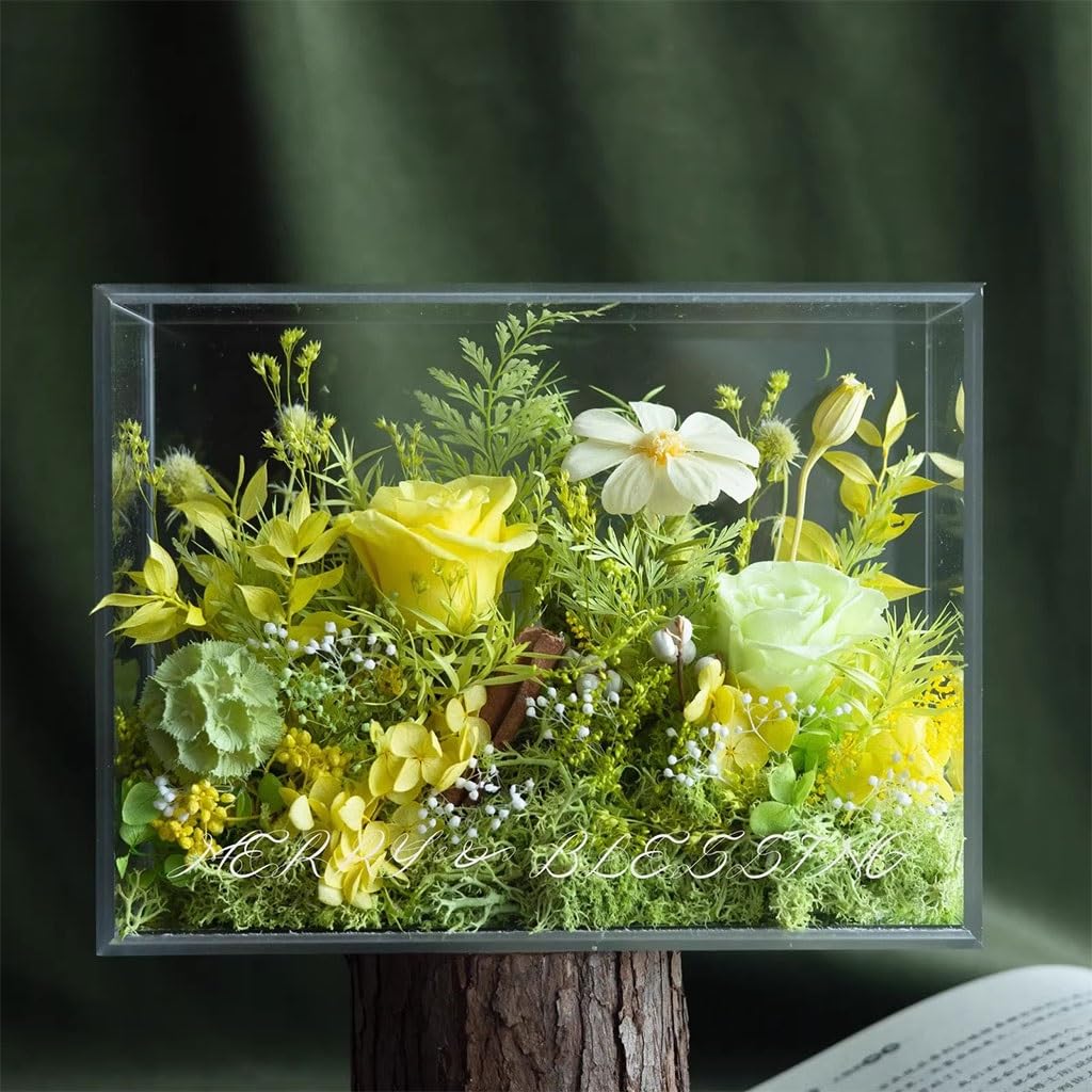 LEIYTFE Flores eternas de Larga duración Regalos para el cumpleaños de mamá, Adornos de Flores Naturales, Funda Protectora de acrílico, Flores Frescas con envío Prime(Yellow+Green)