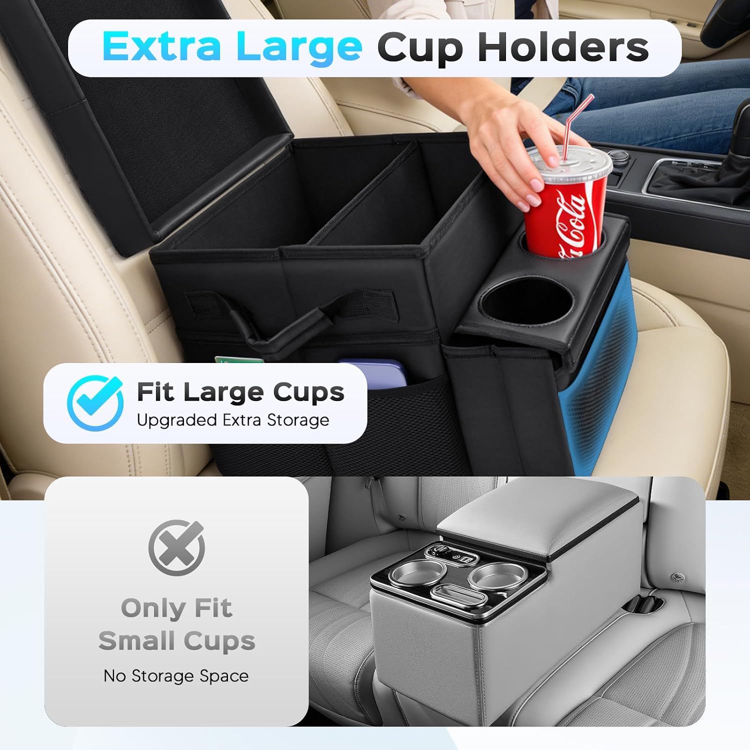 Foldable Bench Seat Center Console, Car Armrest Organizer Box with 2 Large Cup Holders & Massive Storage, Universal Portable Trunk Console Arm Rest for Car/Truck/Van/SUV Rear Organizers Back Seat