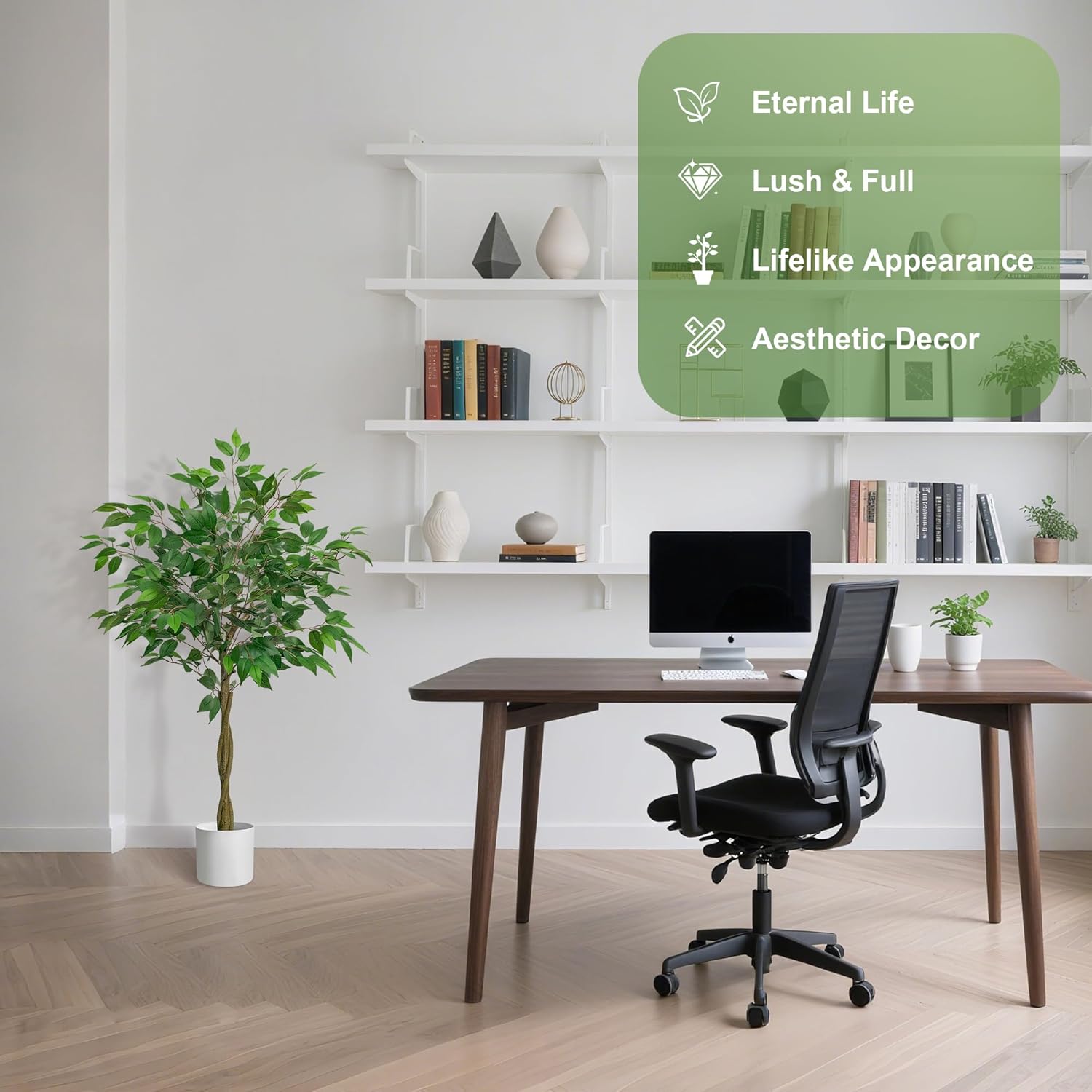 Artificial Ficus Tree with 3 Natural Curved Trunks, 4FT Tall Faux Ficus Tree in Sturdy Plastic Nursery Pot, Faux Plant for Office Home Living Room Farmhouse, Indoor Outdoor Decor