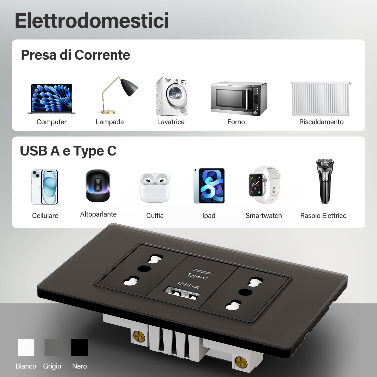 BSEED Prese Elettriche da Muro, Presa Bipasso con USB A e USB C, Presa Bivalente 10A/16A da Muro 118mm, Spina Italiana per Ufficio e Casa, Nero