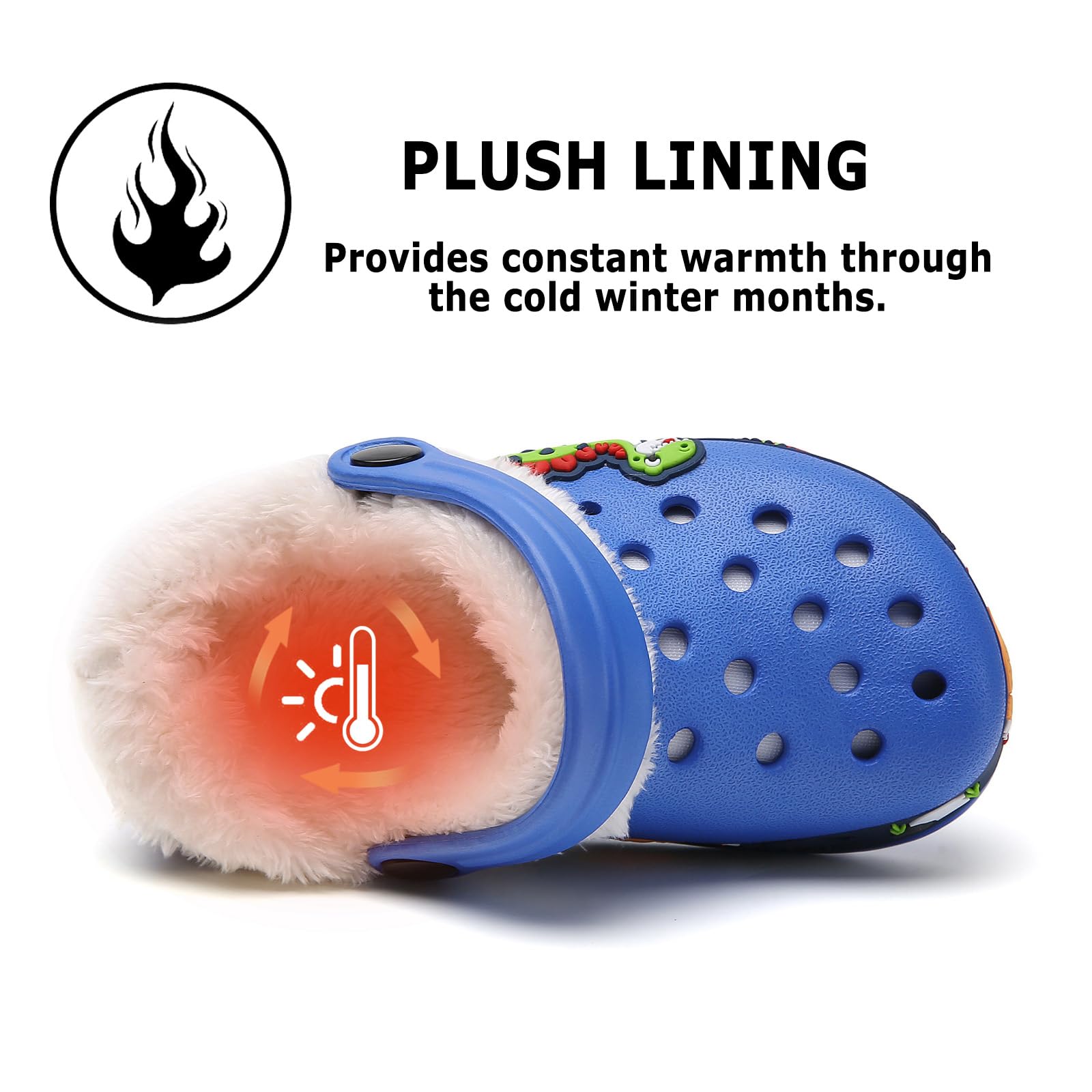 FLIOZY Kinder Zoccoli Invernali Warme Gefüttert Weichem Rutschfeste Gartenschuh Jungen Plüsch Pantoffeln Licht Hausschuhe Indoor Outdoor, Cotone Blu Royal, 30 EU