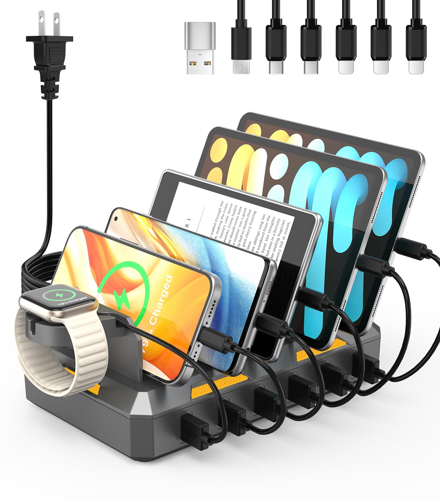 Charging Station for Multiple Devices Apple,50W USB Multi Charging Station for iPhone,iPad,Cell Phone,Android,iPad,Tablet,Kindle and More,with 6 Mixed Cables（Space Gray）