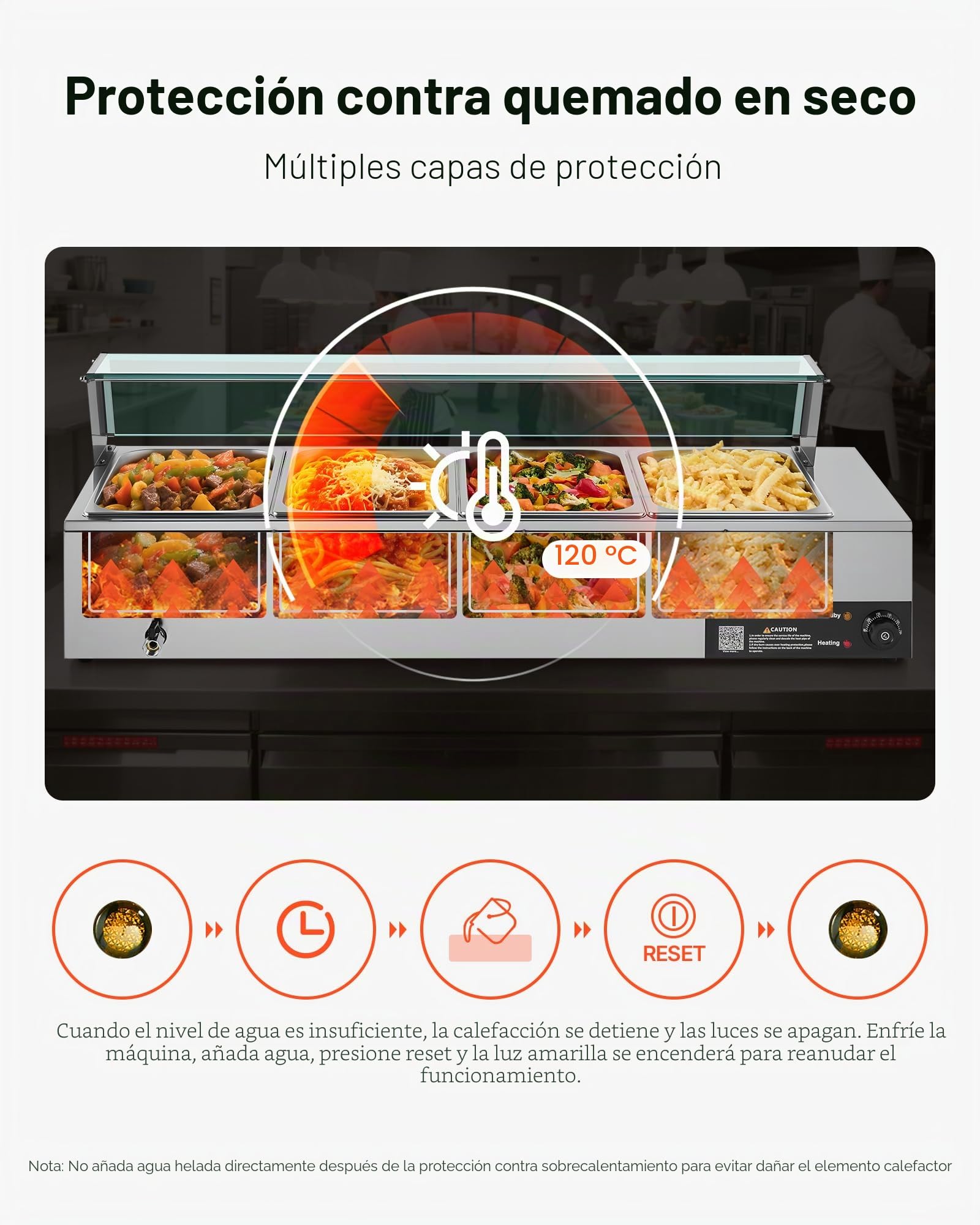 VEVOR Calentador de Alimentos Eléctrico de Acero Inoxidable 1500 W con Vapor y Cubierta de Vidrio, 4 Bandejas, Baño María con Cucharones, para Restaurantes y Fiestas, 1185 x 365 x 385 mm, Plata